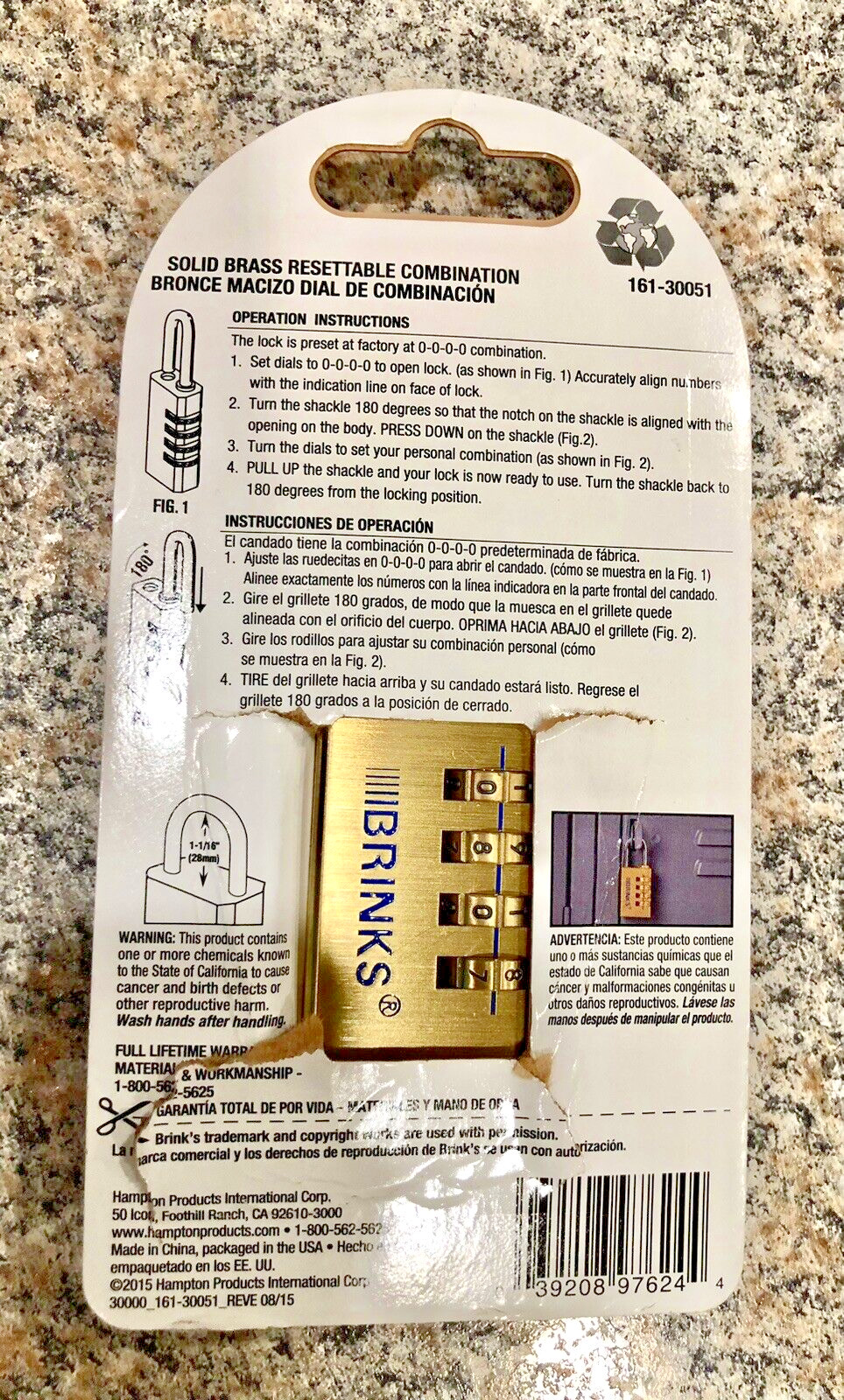 Brinks Standard Security Padlock w/Resettable Combo - 1-1/16" Shackle Length