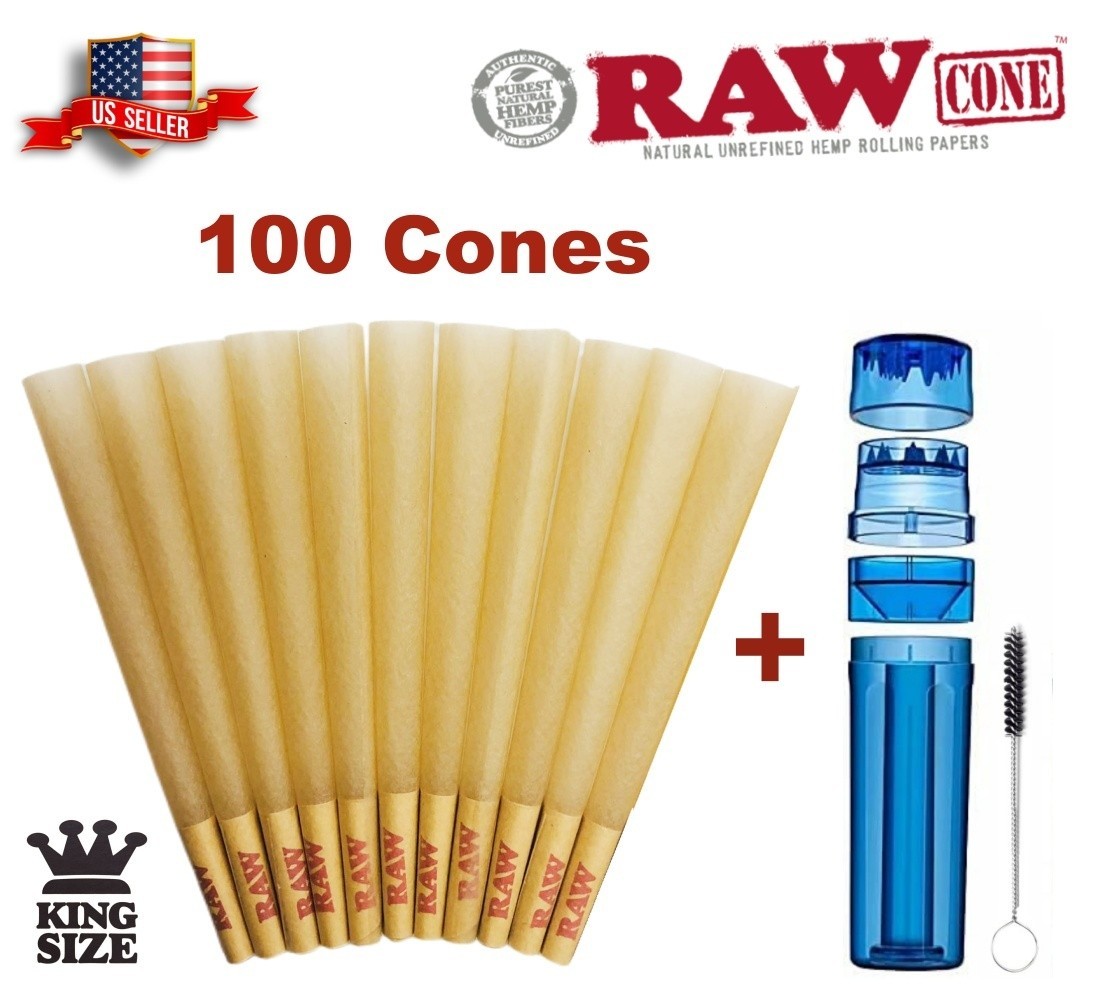 Authentic RAW Classic King Size Pre-Rolled Cones 100 Pack 🌟3 in 1 Grinder-Blue