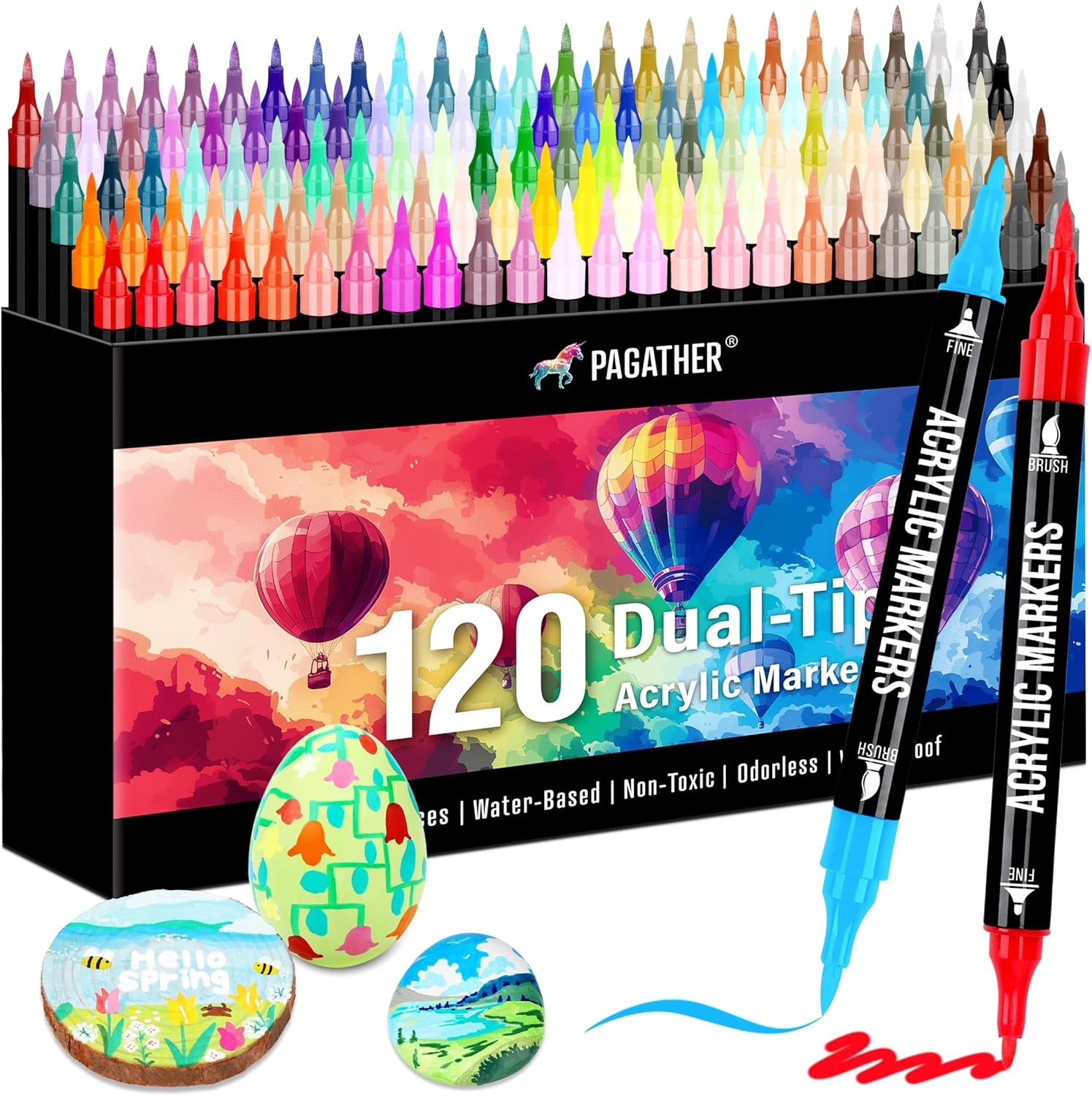 120 Colors Acrylic Paint Markers, Dual Tip Fine Tip and Brush Tip Pens Contain