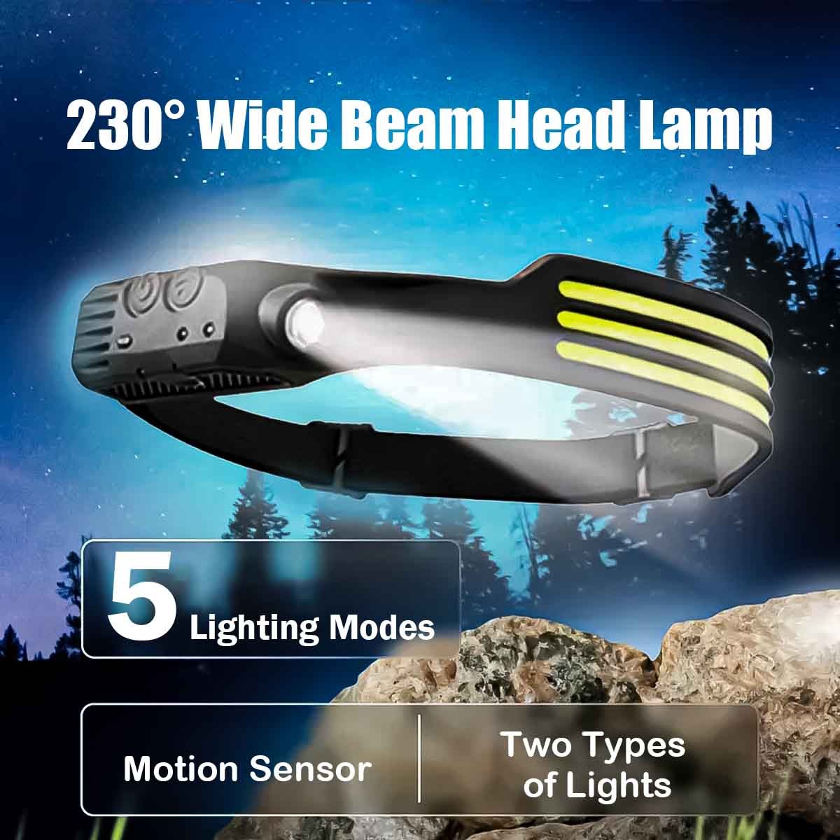 1-5 Pack Headlamp Rechargeable , 230° Wide Beam Head Lamp LED with Motion Sensor