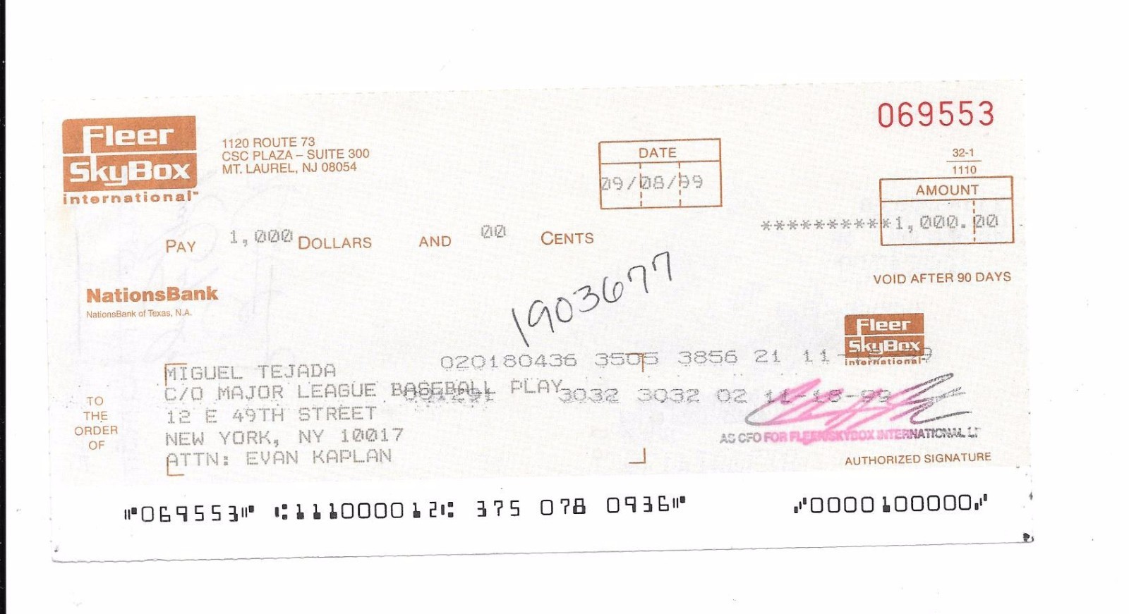 Miguel Tejada Autograph Cancel Check Oakland A's