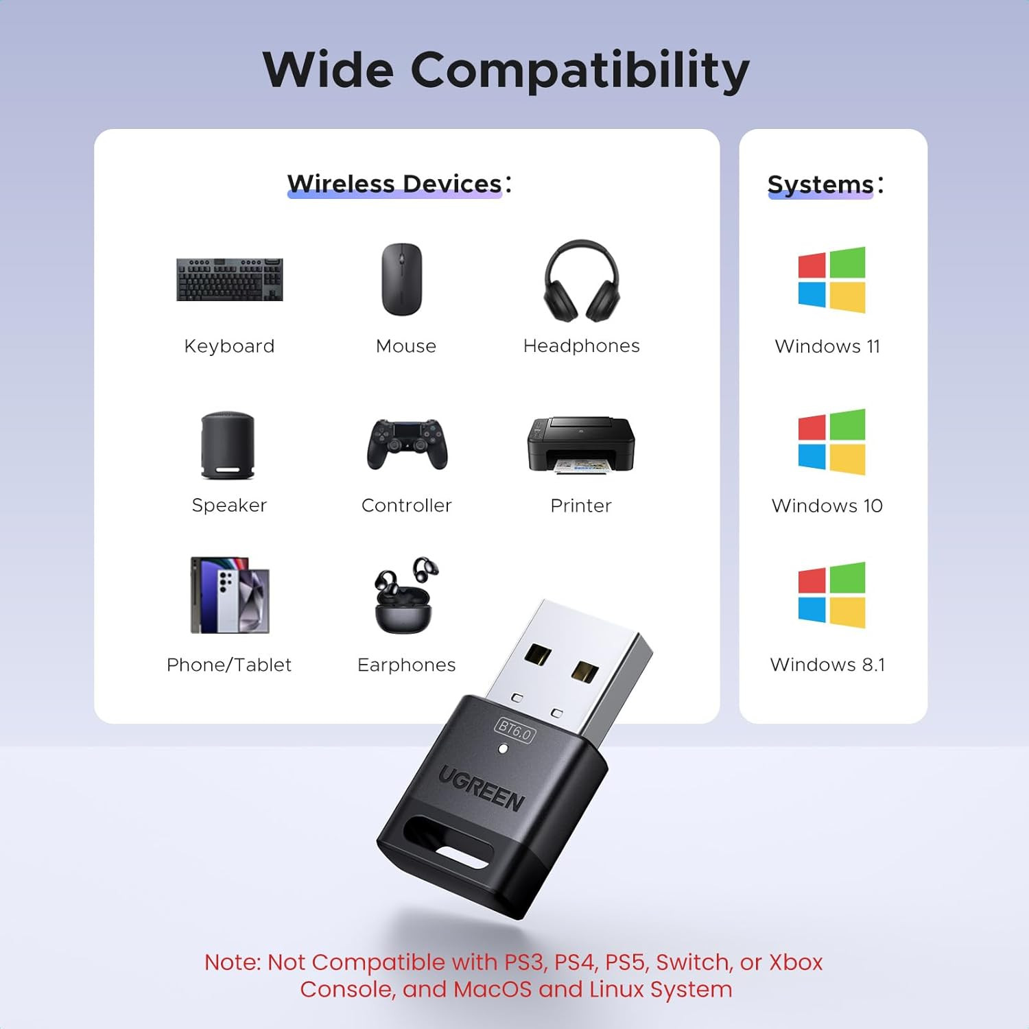 USB Bluetooth Adapter for PC, Bluetooth 6.0 Dongle Receiver EDR & BLE, Plug & Pl
