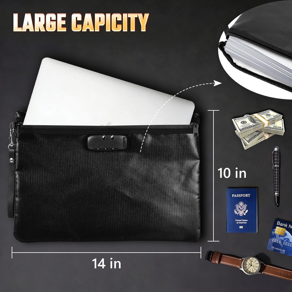 Fireproof Money Bag with Lock Waterproof Document Pouch Safe Storage Travel Case
