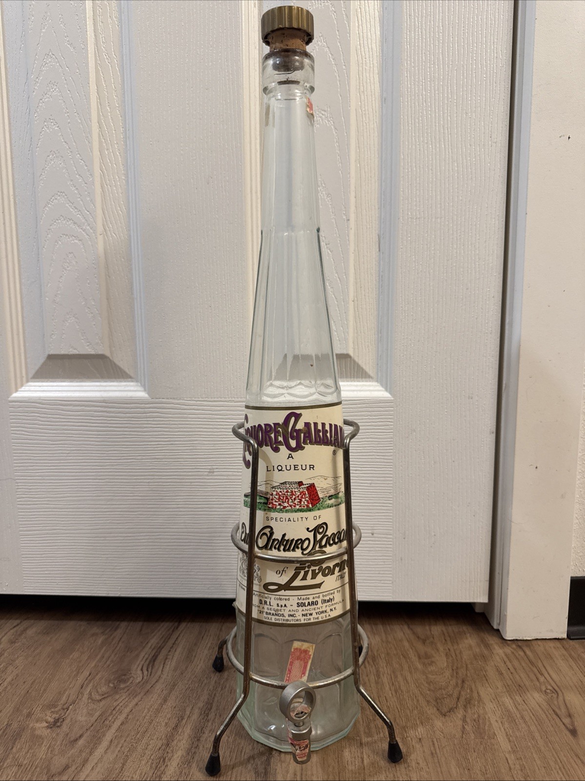 Vintage LIQUORE GALLIANO 1.75L Glass BOTTLE w/ SPIGOT Tap in METAL STAND Liqueur