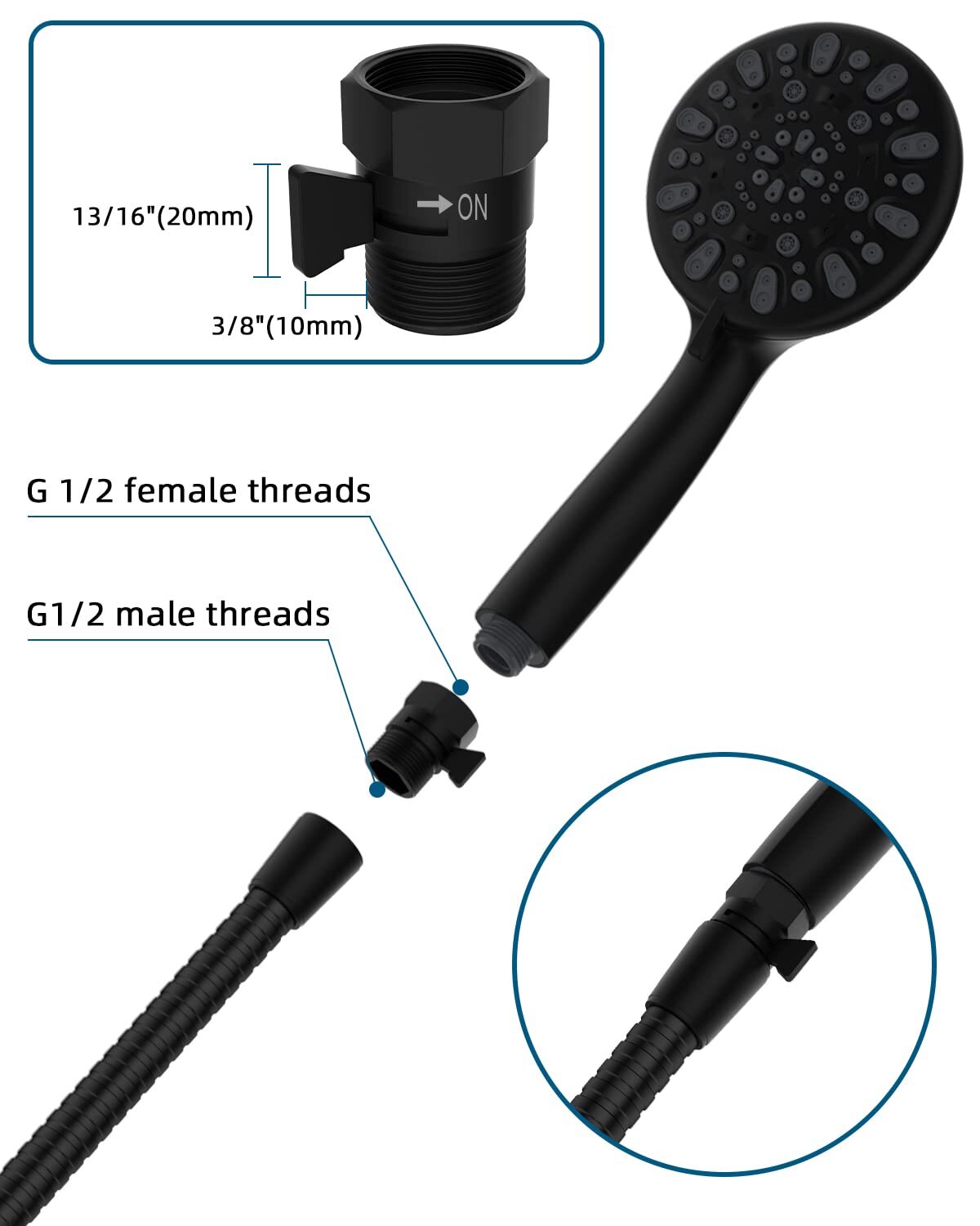 All Metal Shower Head Flow Control Valve G1/2 Brass Shut-off Valve with Handle