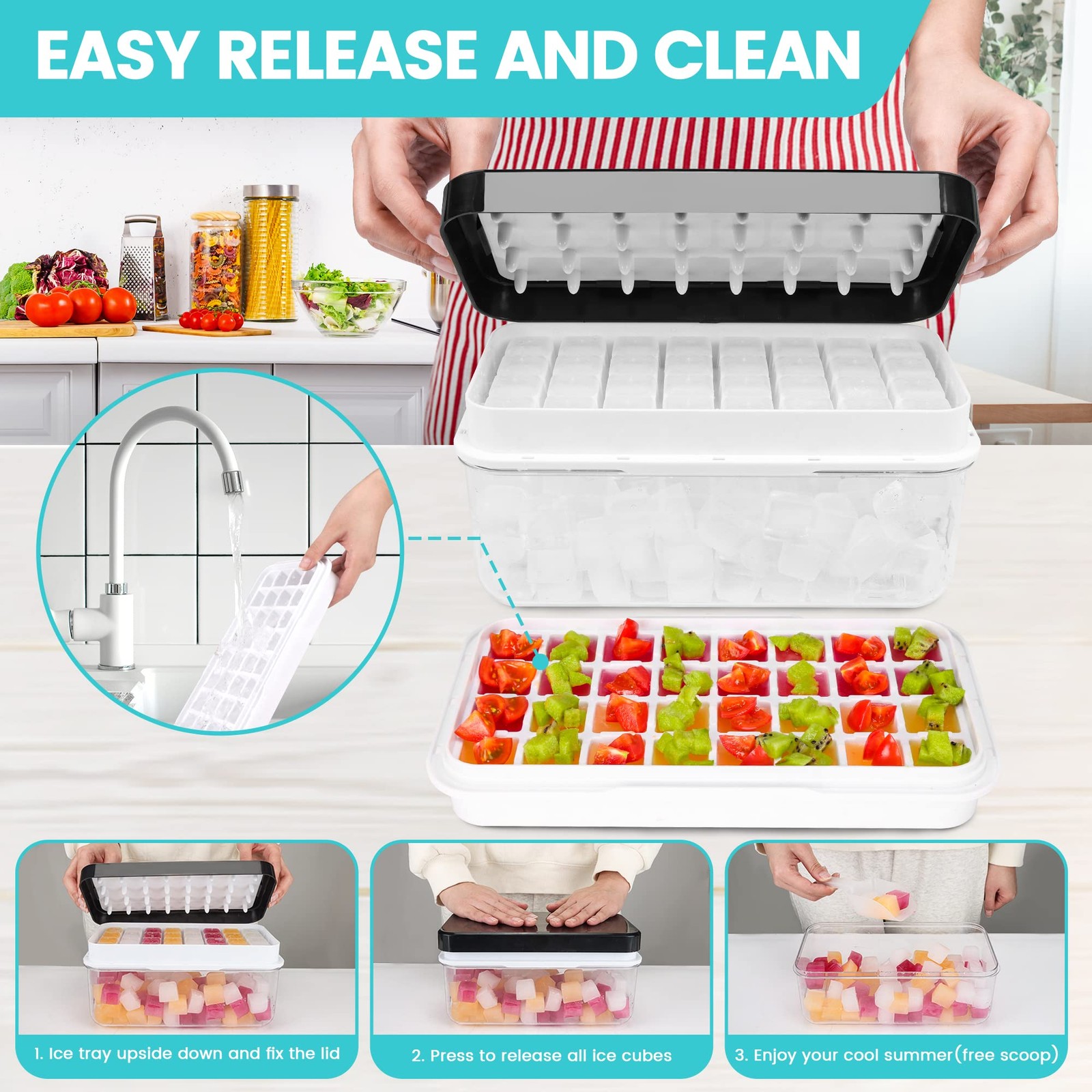 Ice Trays for Freezer with Lid & Bin, Ice Cube Tray Making 64 pcs Ice Cubes, ...