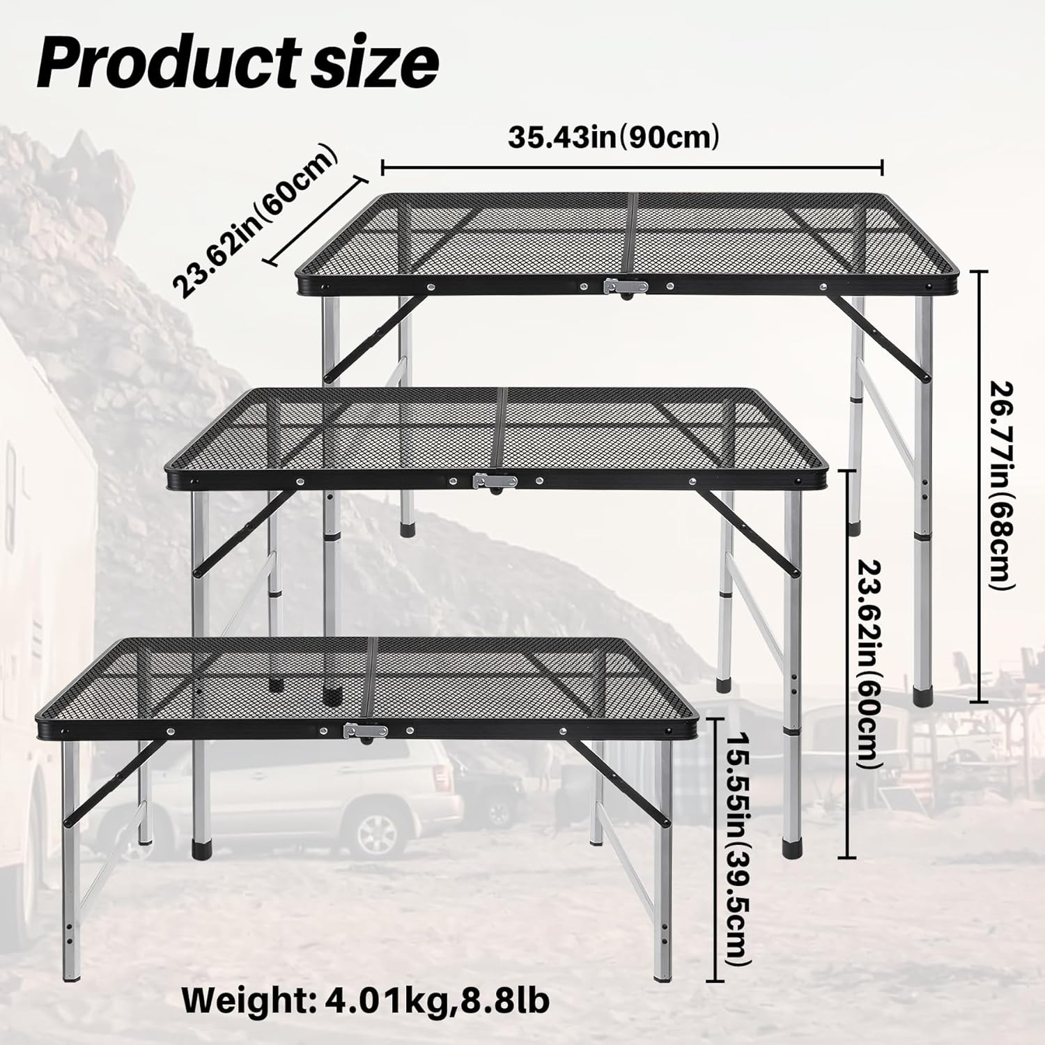 3Ft X 2Ft Grill Table Portable Camping Table, Waterproof Black Folding Table wit
