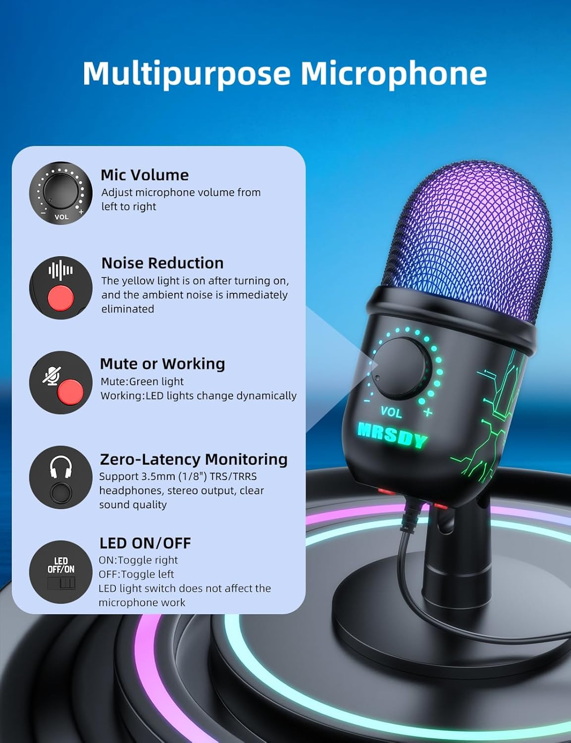 Gaming Microphone, USB Computer Microphone for PC, Mac, PS4/5, Condenser Podc...