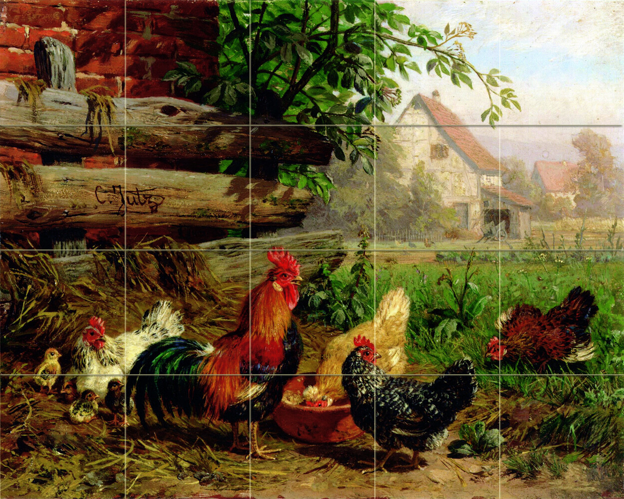 30 x 24 Art Farm Chickens Carl Jutz Mural Ceramic Kitchen Backsplash Tile #3180