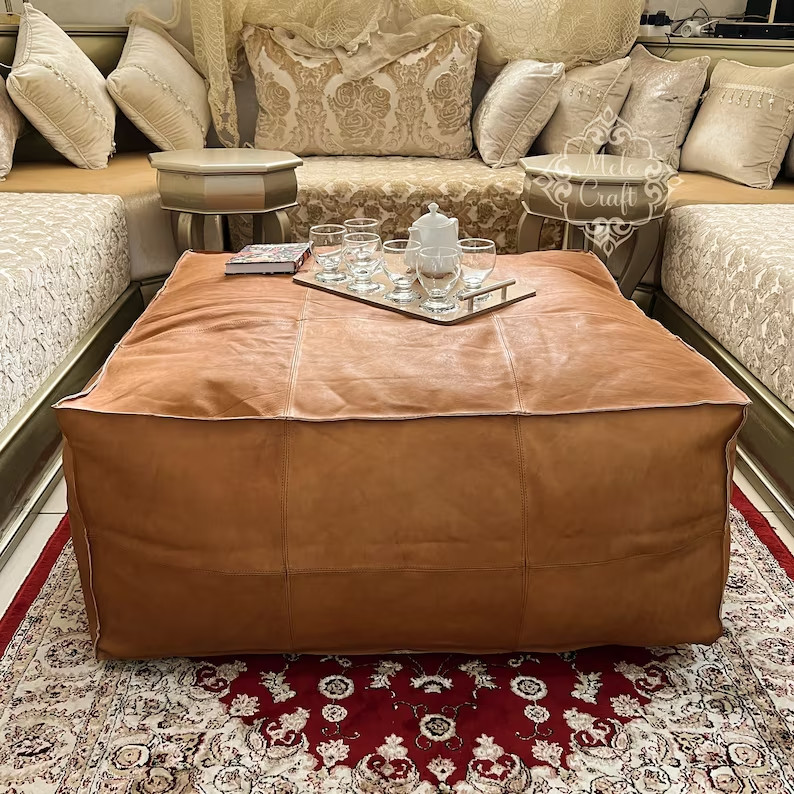 New Brown Square Handstich Unstuffed New Brown Boho Leather Moroccan Pouffe