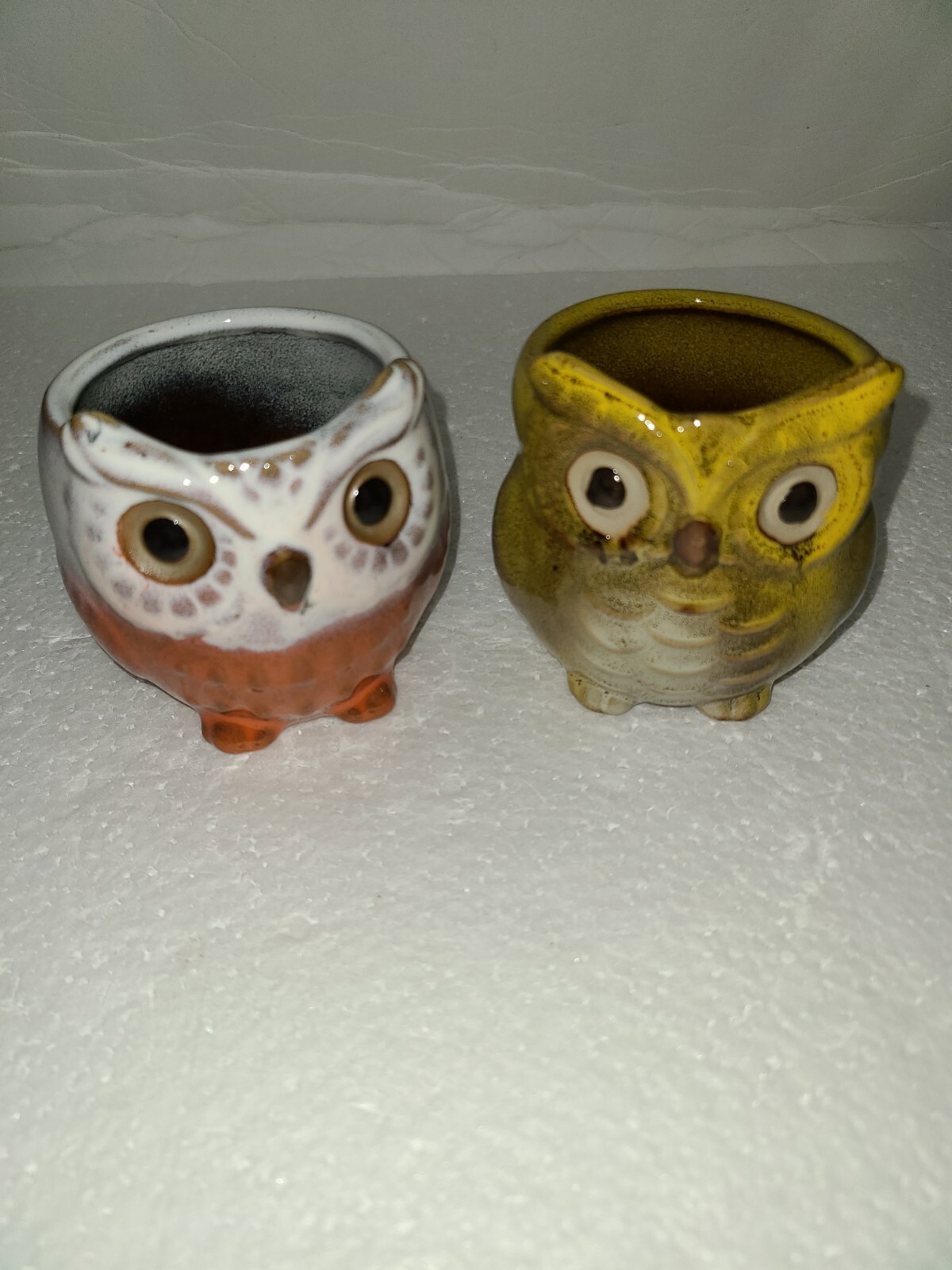 2 SMALL GLAZED POTTERY OWL PLANTERS SUCCULENTS DRAIN HOLE