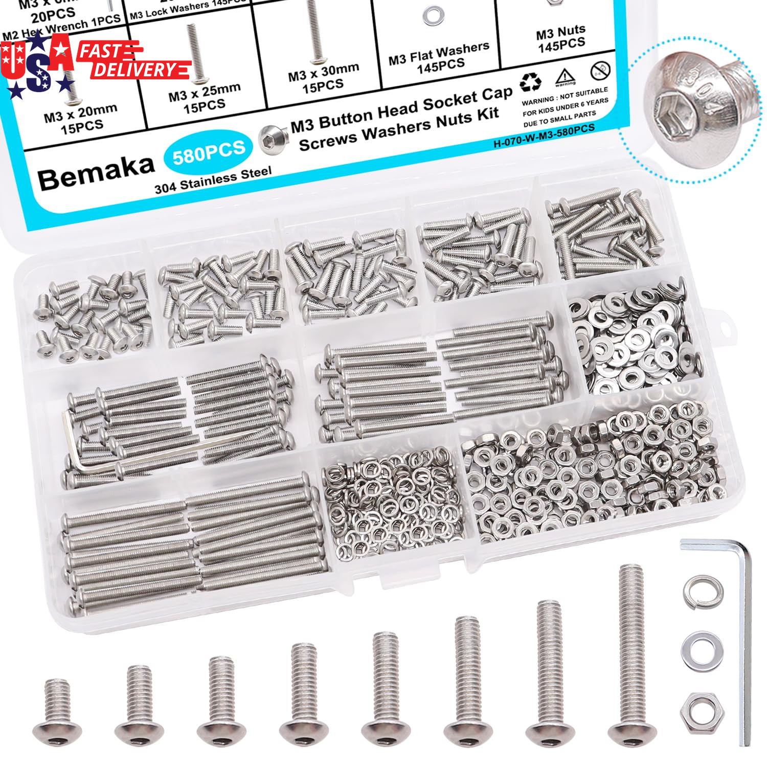 580PCS M3 Screw Kit, M3 X 6/8/10/12/16/20/25/30Mm Button Head Socket Cap Screws