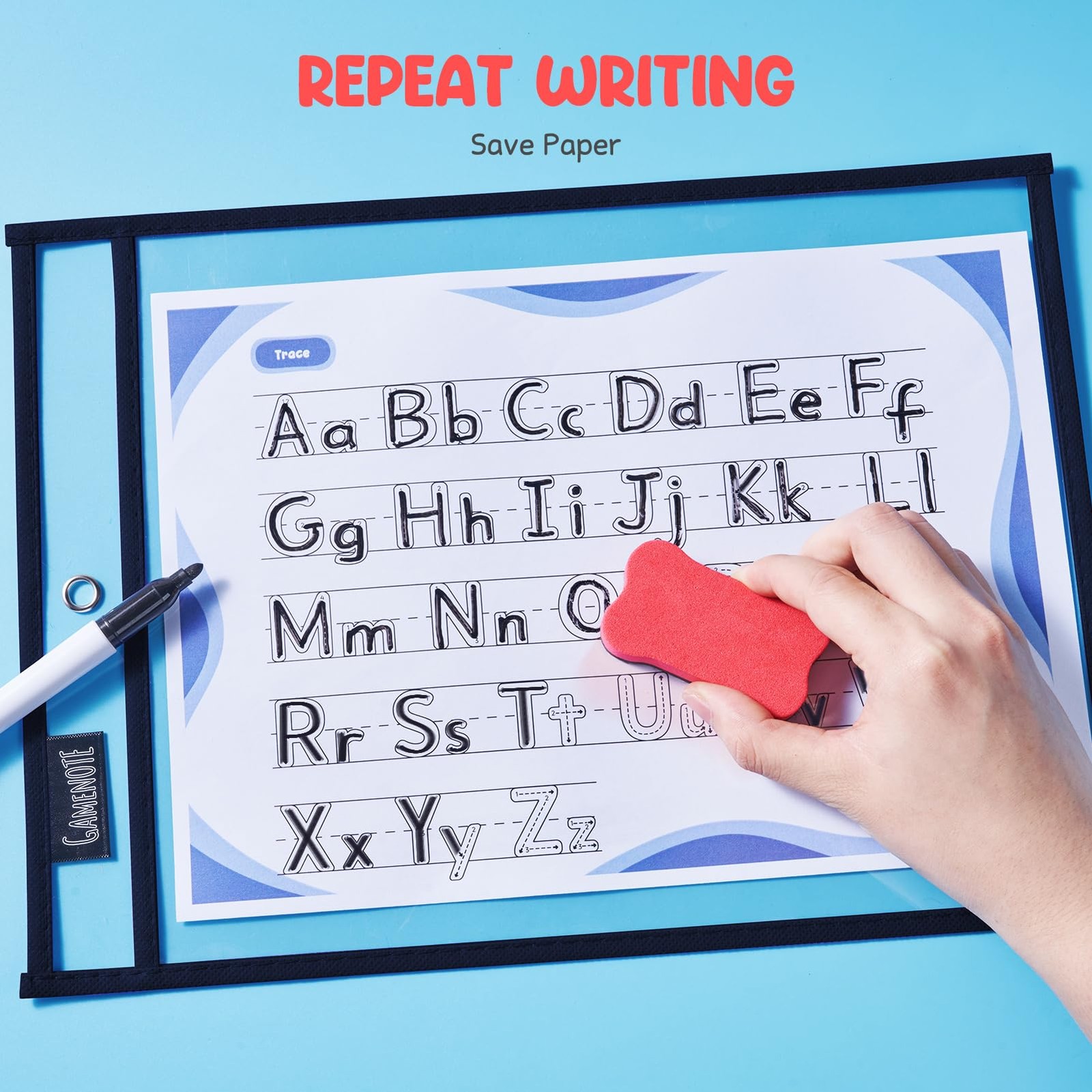 Gamenote Dry Erase Pockets 30 Pack with Rings, Oversized Reusable Plastic Sle...