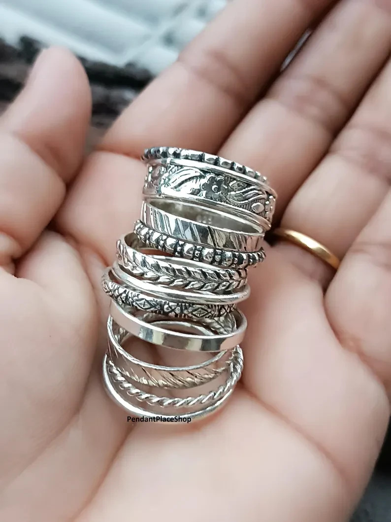 925 Solid Sterling Band Silver Stacking Rings, Textured Midi Ring Set All Size