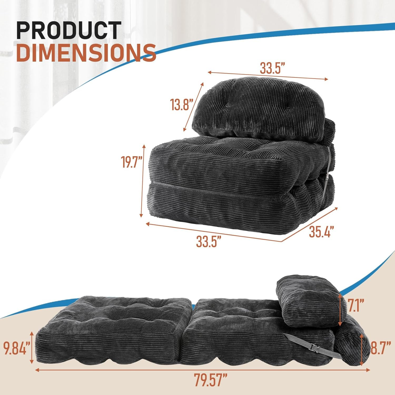 Folding Sofa Bed, Convertible Sleeper Chair with Back Support and Pillow Futon,B
