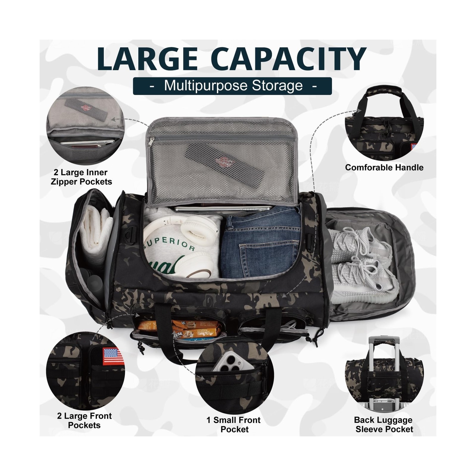 Tactical Gym Bag for Men，70L Large 3 in 1 Sports Duffle Bag with Sh... Fa