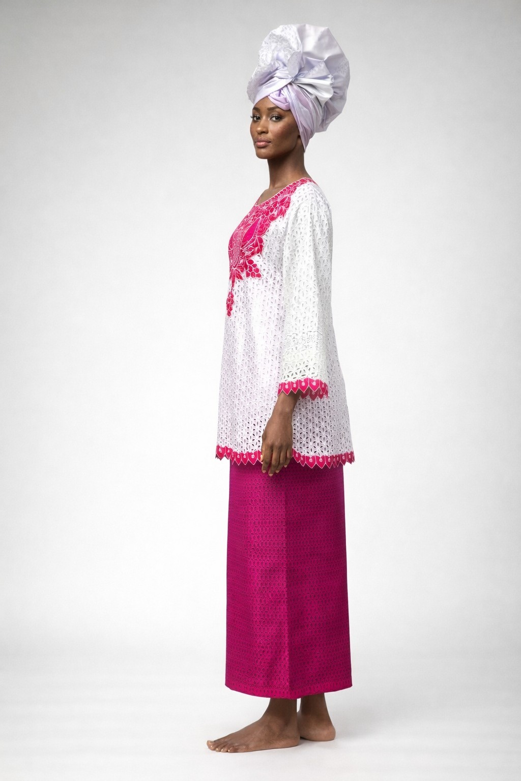 African Kaftan Skirt Set White Pink with Headwrap