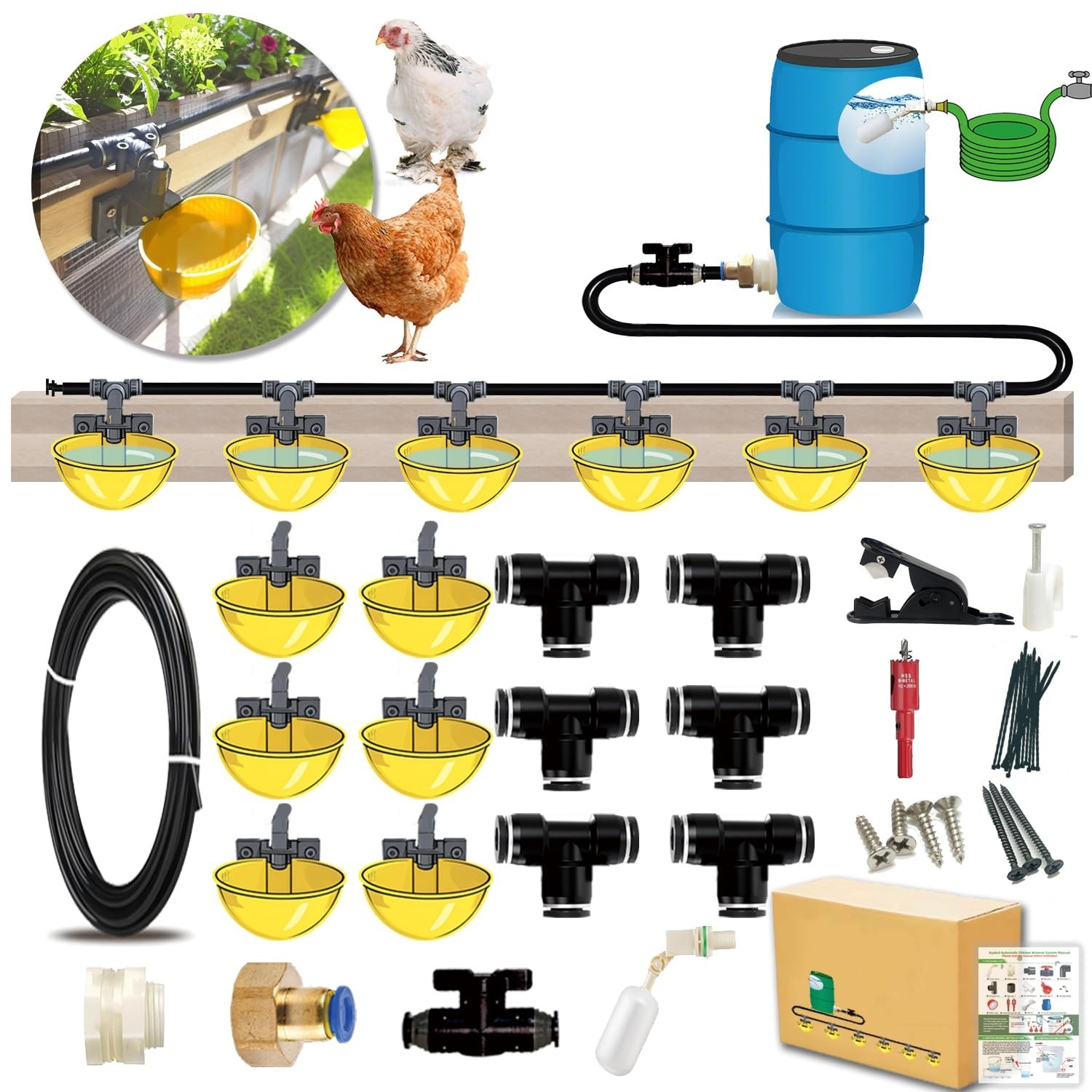 Automatic Chicken Waterer System - Complete Set w/ Quick-Connect, 18ft Pipeline