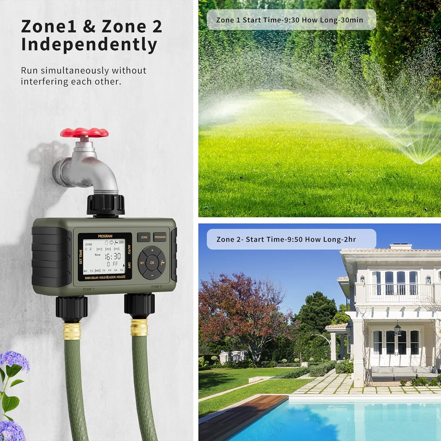 Sprinkler Timer 2 Zone Water Timer Outdoor Irrigation with Rain Delay for Garden