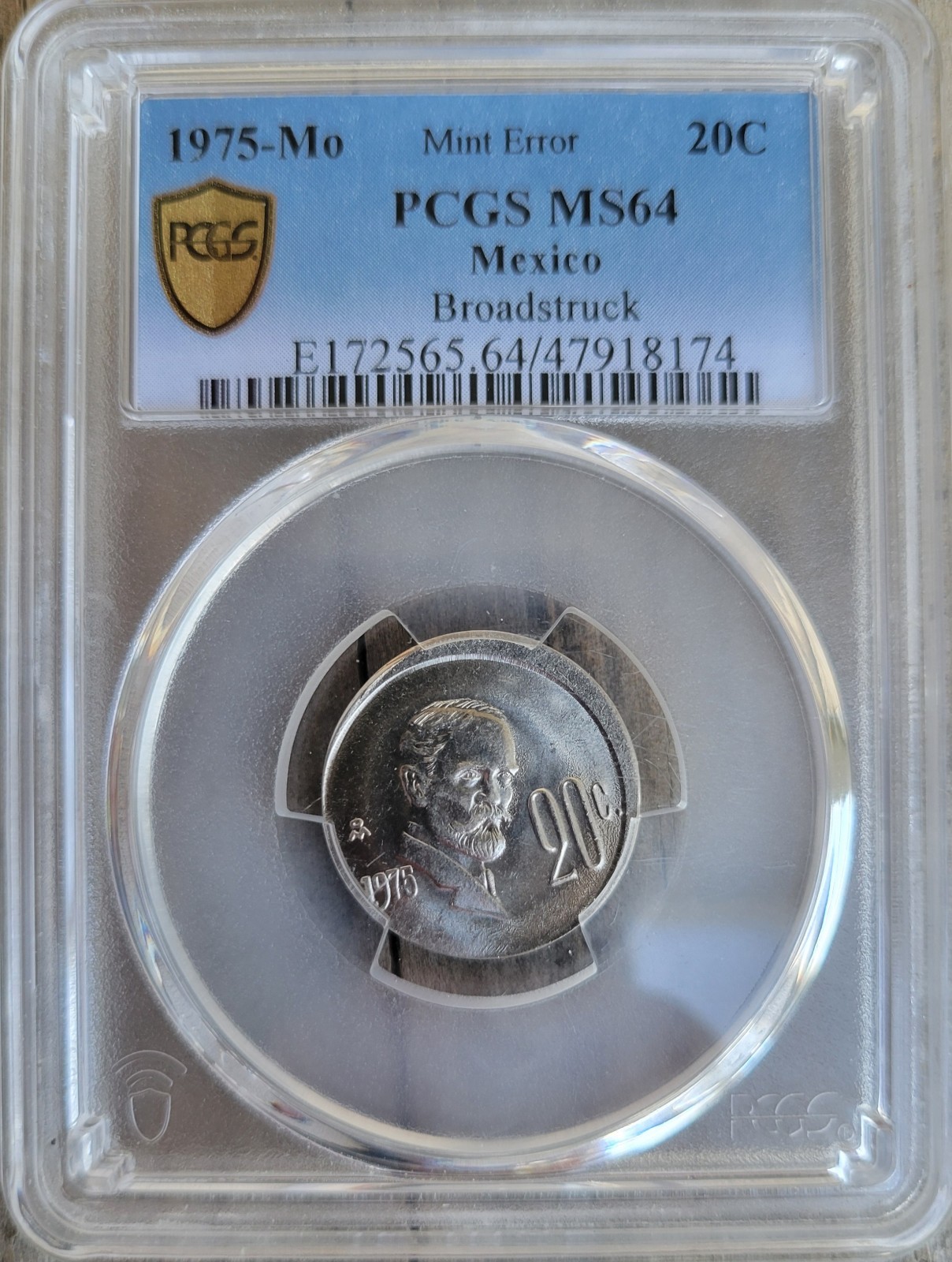 1975-Mo Mexico 20C Broadstruck Mint Error PCGS MS64