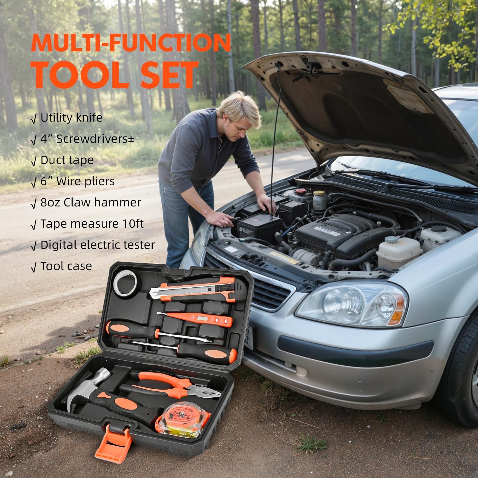 "Car Emergency Kit Air Compressor, First Aid, Jumper Cables, Roadside Tools"