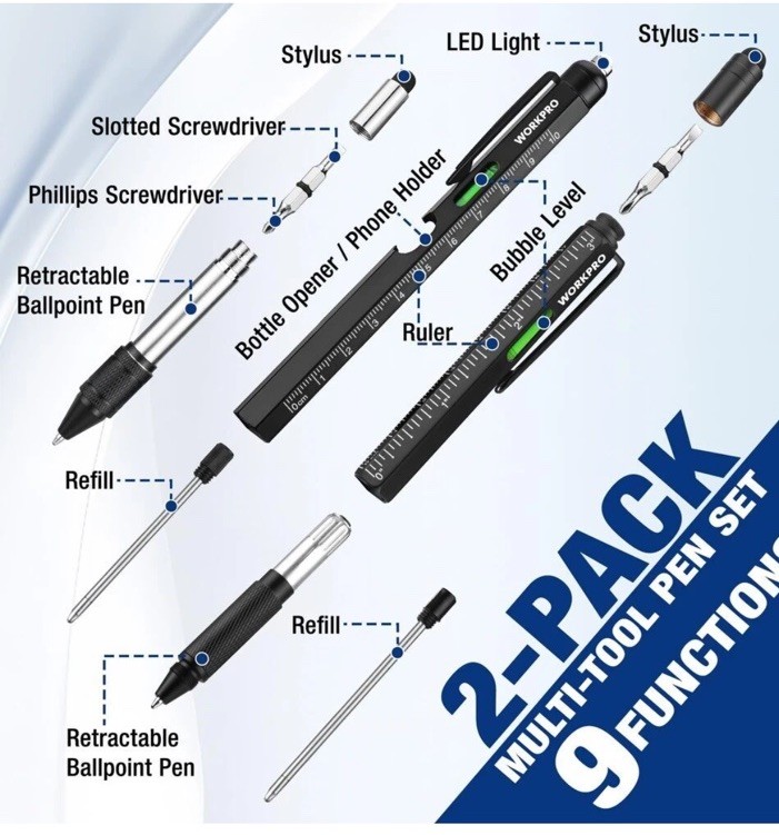 WORKPRO 2-Pack Upgraded Multi-Tool Pens 9 Functions Multi-tool Pen Set Daily Use