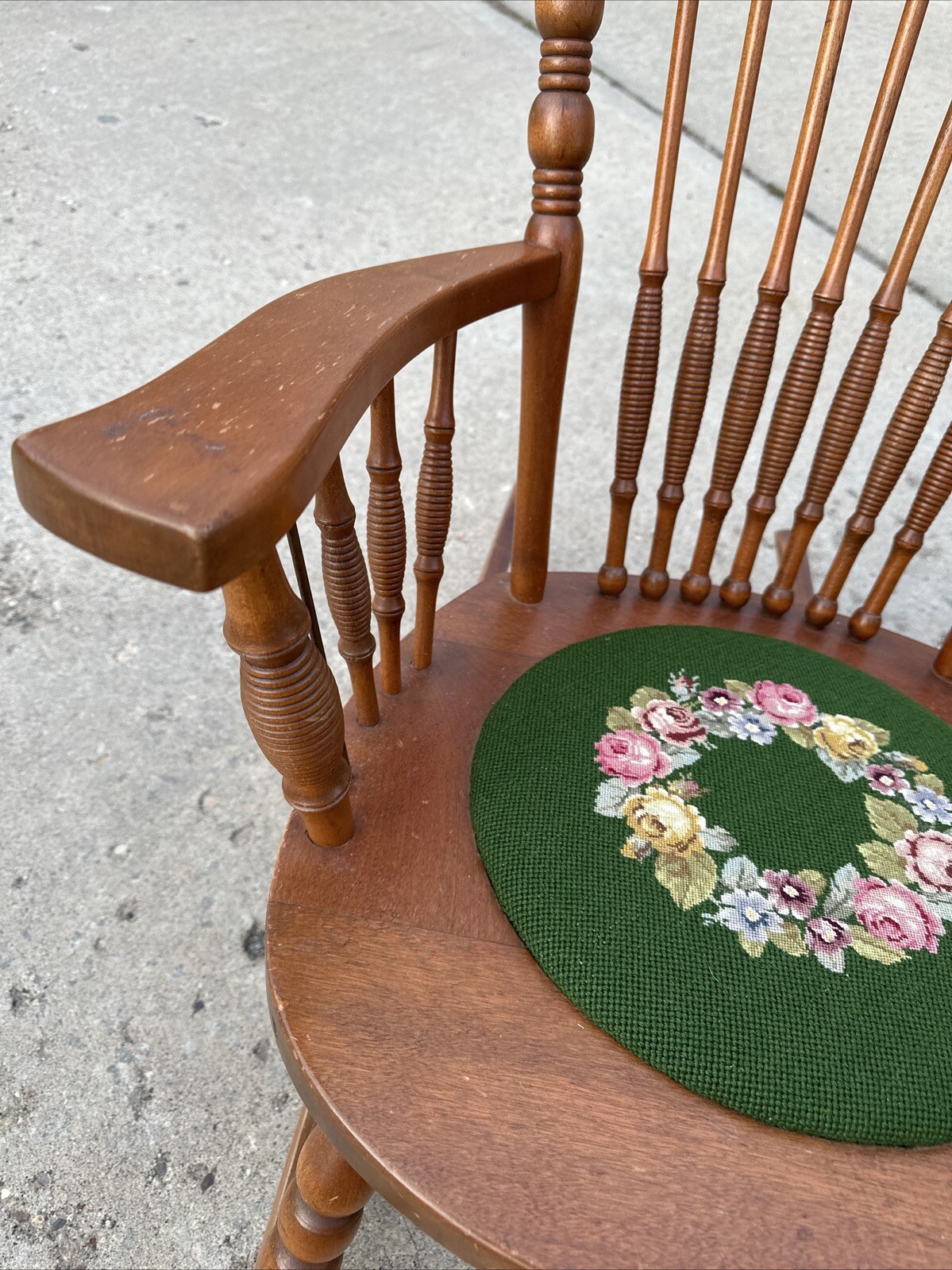 Vintage Victorian Rustic Maple Wood Spindle Back Needlepoint Seat Rocking Chair