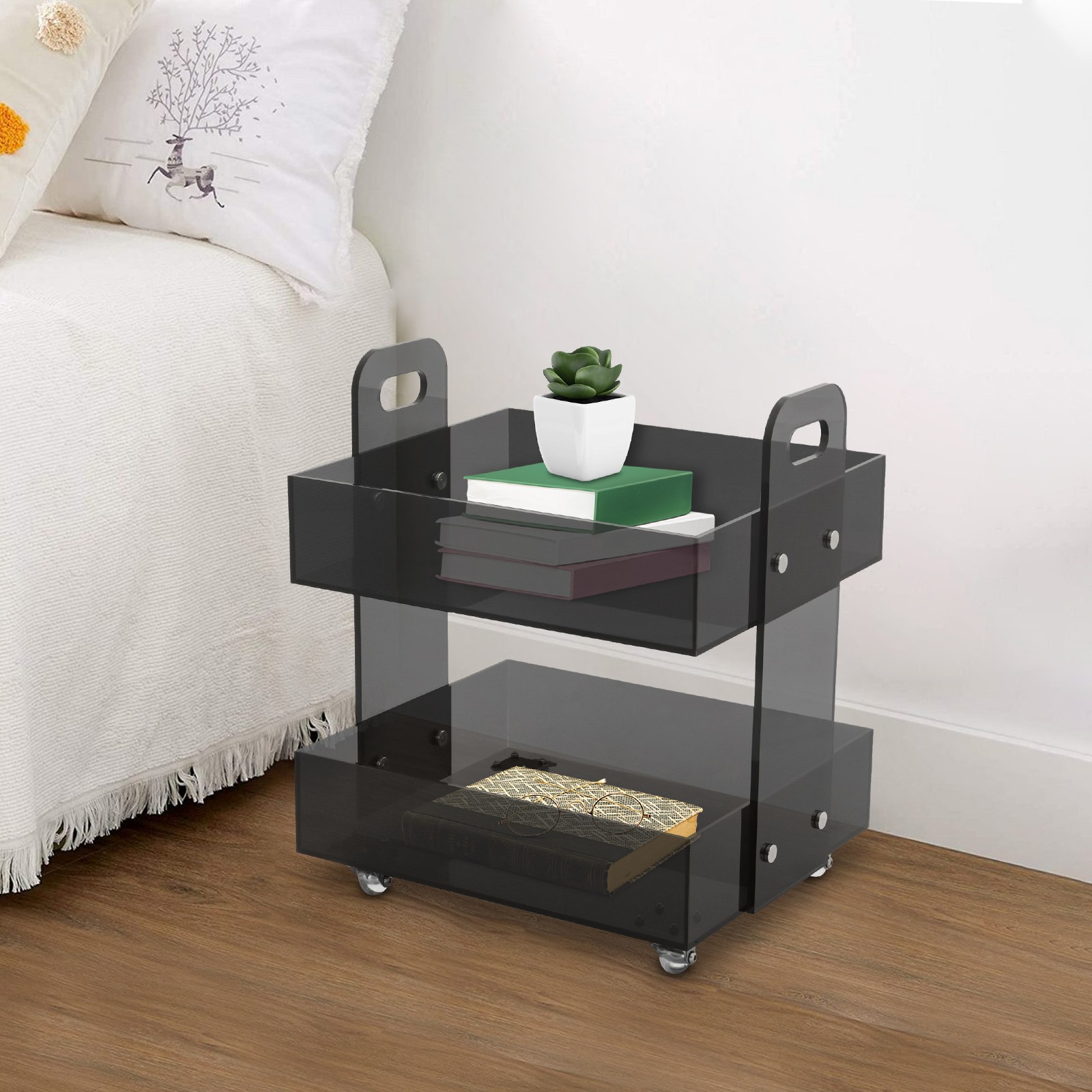 Acrylic Side Table Modern Bedside Table Free Standing Storage Rack with Wheels