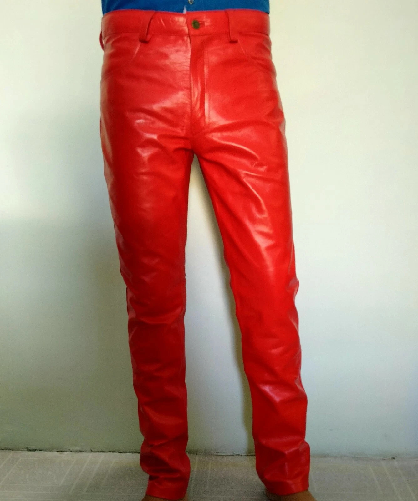 Mens Biker Jeans Real Red Or Cow Leather Sleek And Sexy 501 Style Pants New