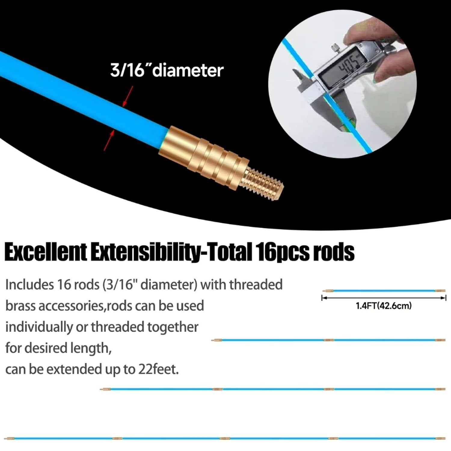 32.2FT Fiberglass Running Electrical Wire Cable Glow Rods Wire Pulling, Fish Rod