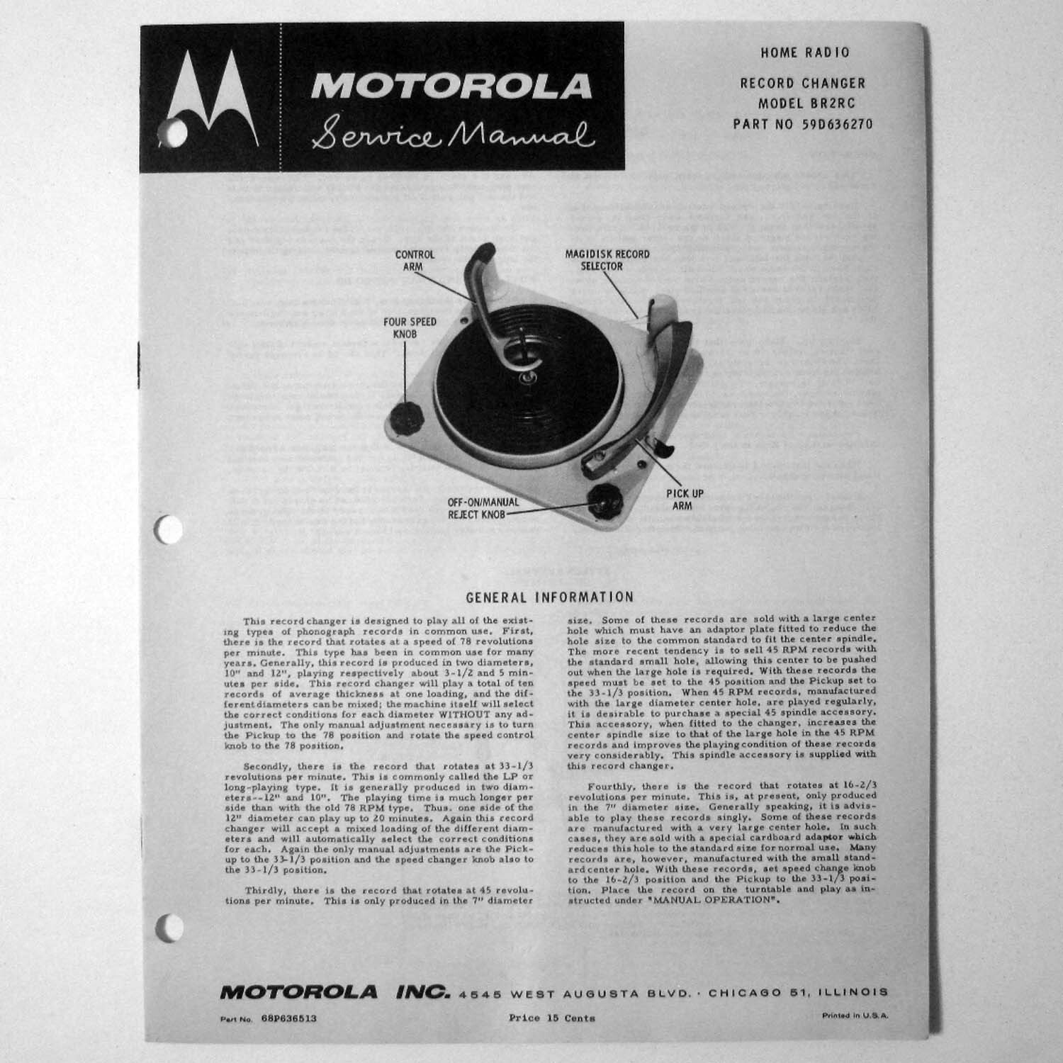 Motorola ® Model BR2RC Record Changer Service Manual © 1950s