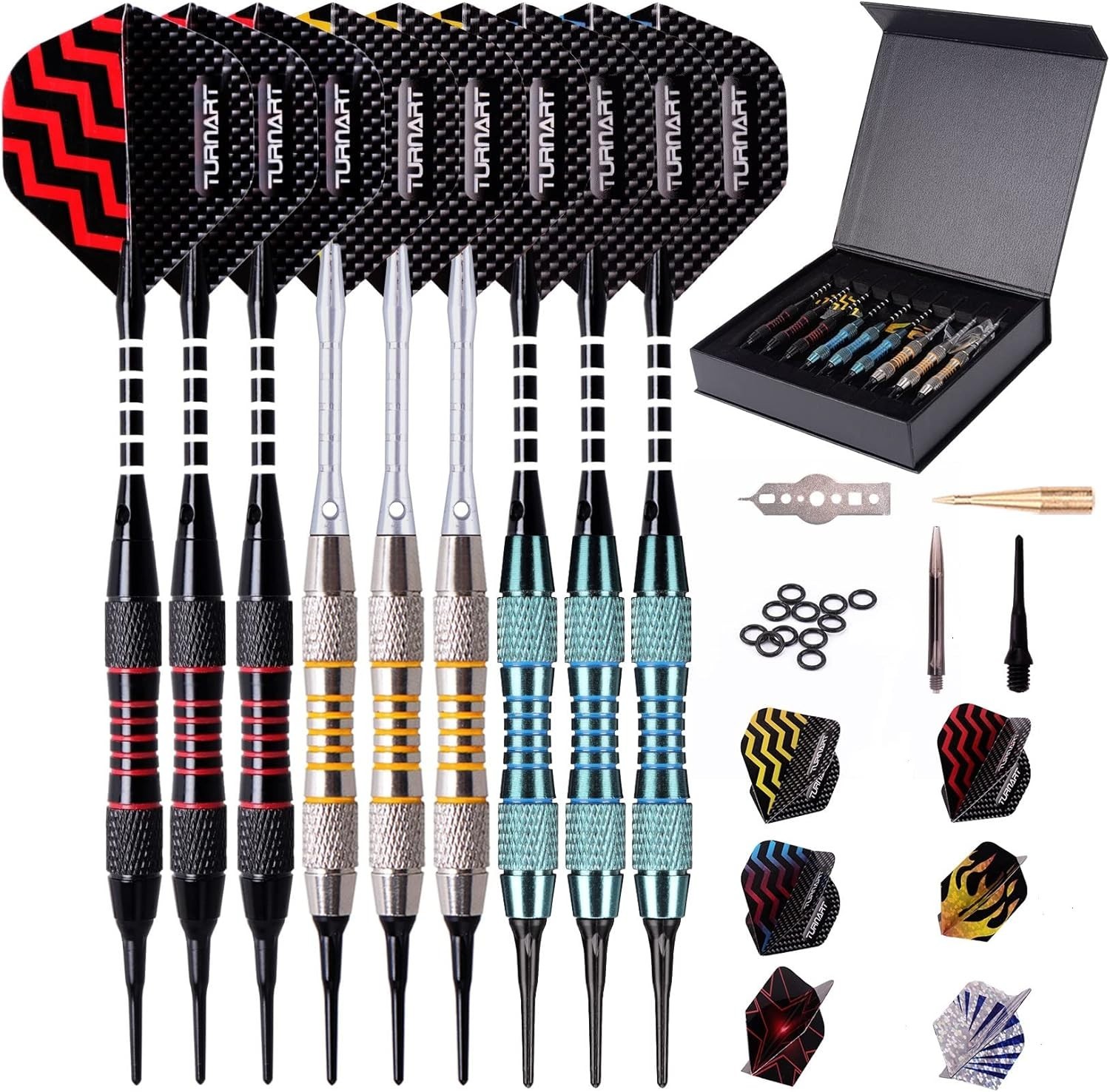 Professional 9 Pcs Soft Tip Dart Set with Unbreakable Shafts & 50 Extra Tips
