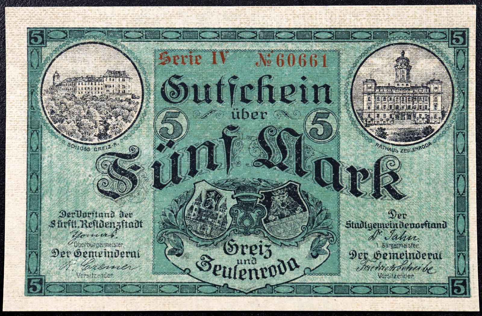 GREIZ and ZEULENRODA 1918 5 Mark Grossnotgeld Series IV German Notgeld WWI