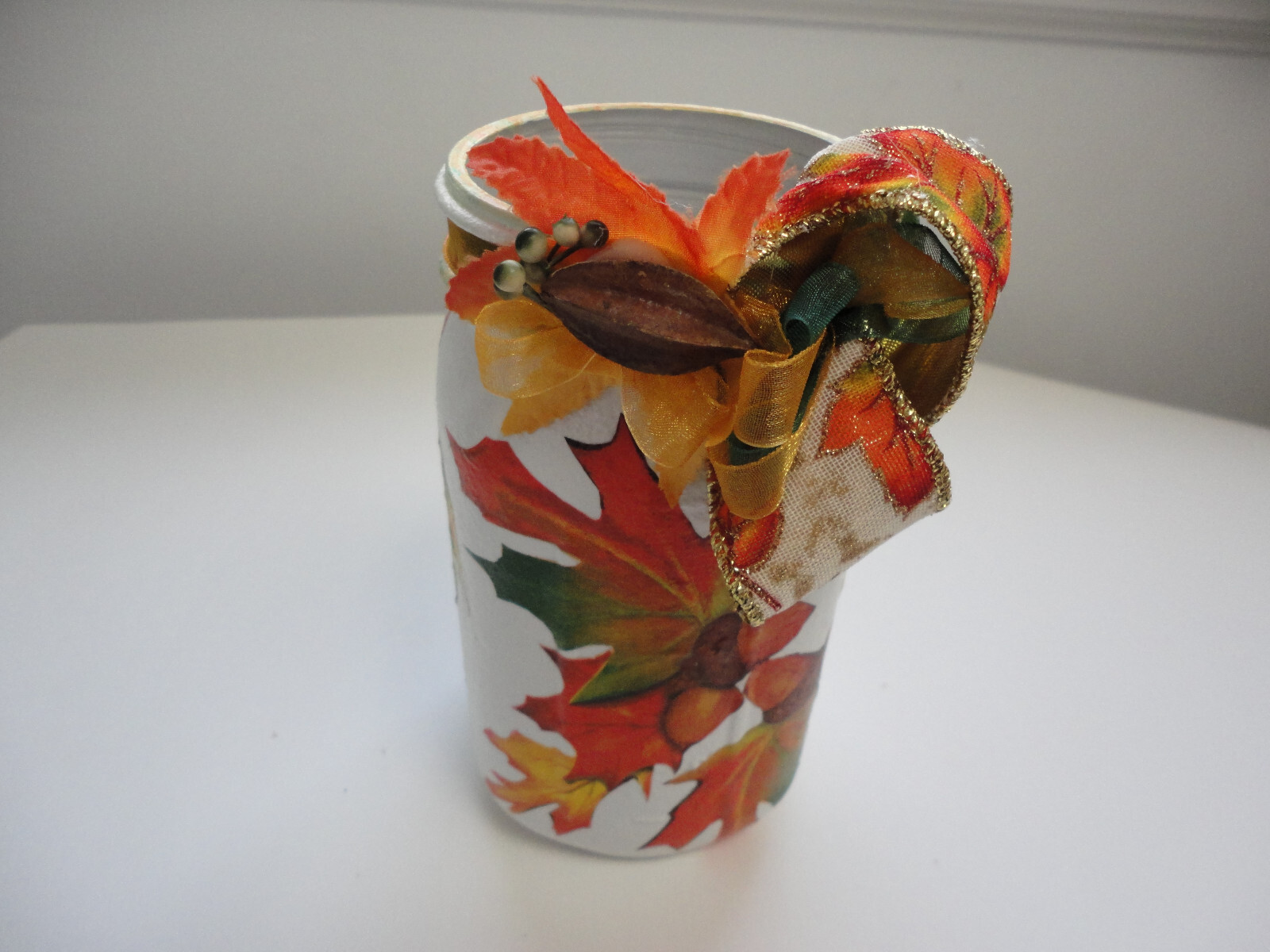 Decoupage Quart Mason Jar, Autumn Leaves or Harvest TIme ( Handmade)