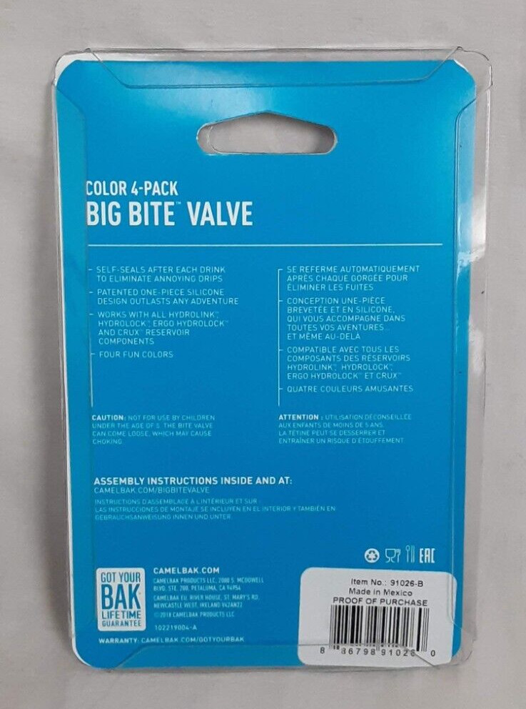 Camelbak Hydration Big Bite Valve Replacement 4-Pack (4 colors) + Valve Cover
