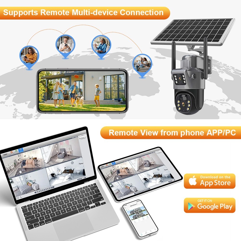 4pcs WIFI Home Security Camera System Solar Panel 4MP PTZ Wireless Outdoor Audio