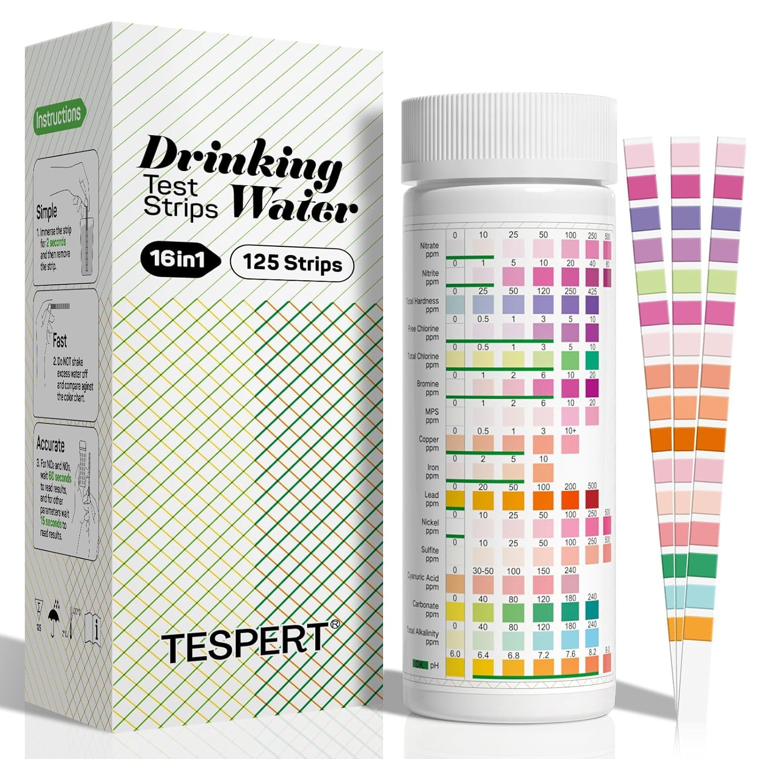 TESPERT Drinking Water Test Strips 125Ct 16 in 1 – 30S Quick Screening for Hardn