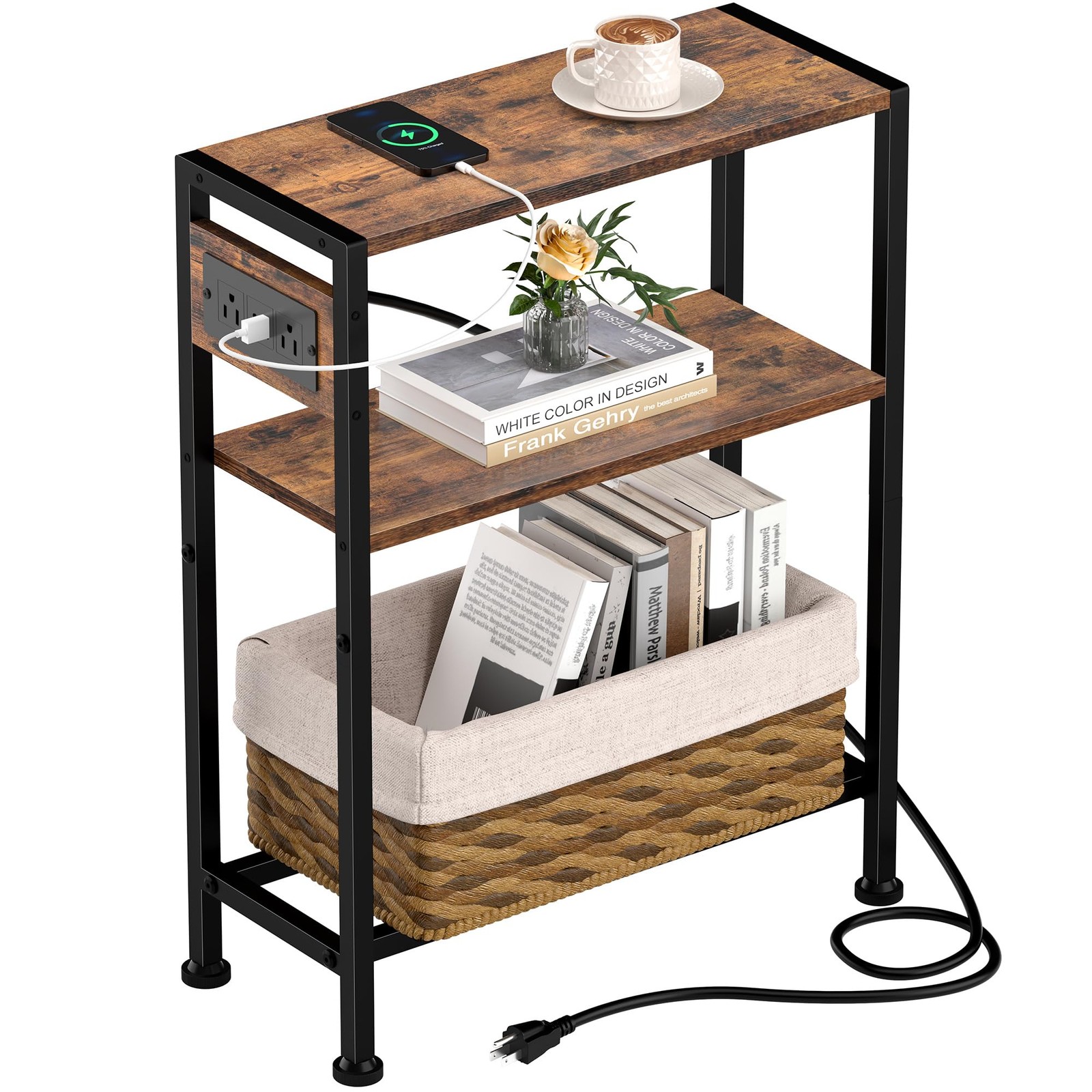 Small Narrow Side Table with Charging Station, Skinny End Table for Small Spaces