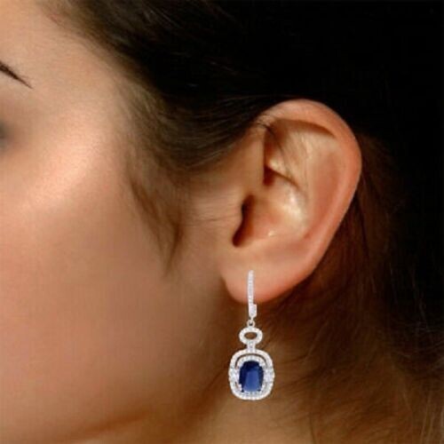 2.40Ct Lab Created Blue Sapphire Diamond Drop/Dangle Earrings White Gold Finish