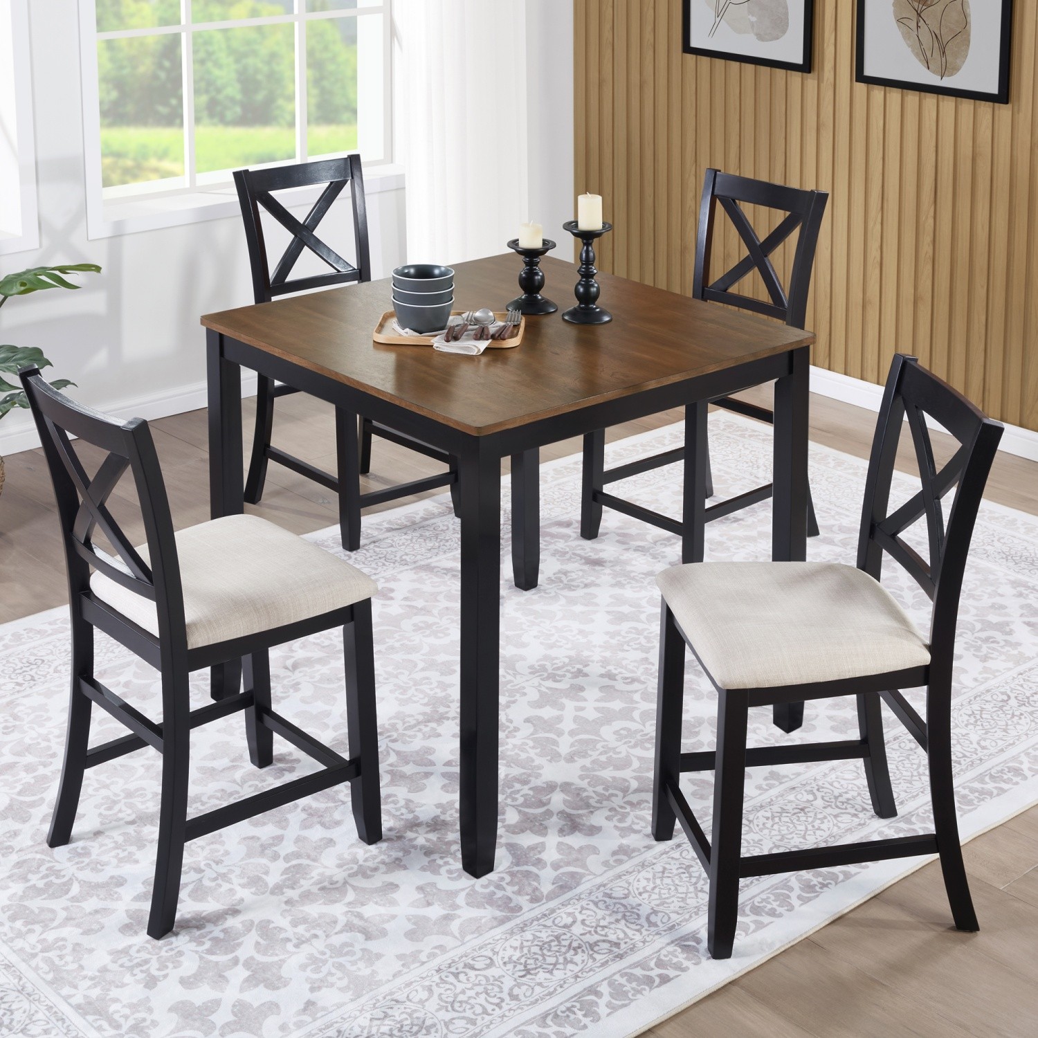 5-Piece Square Dining Table Set with Wood Kitchen Table and 4 Upholstered Chairs