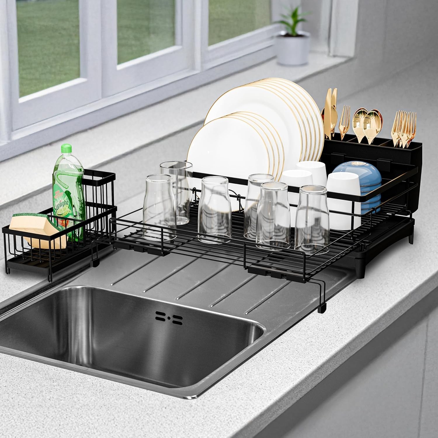 2 IN 1 Expandable Dish Drying Rack plus Sponge Organizer Stainless Steel Drying