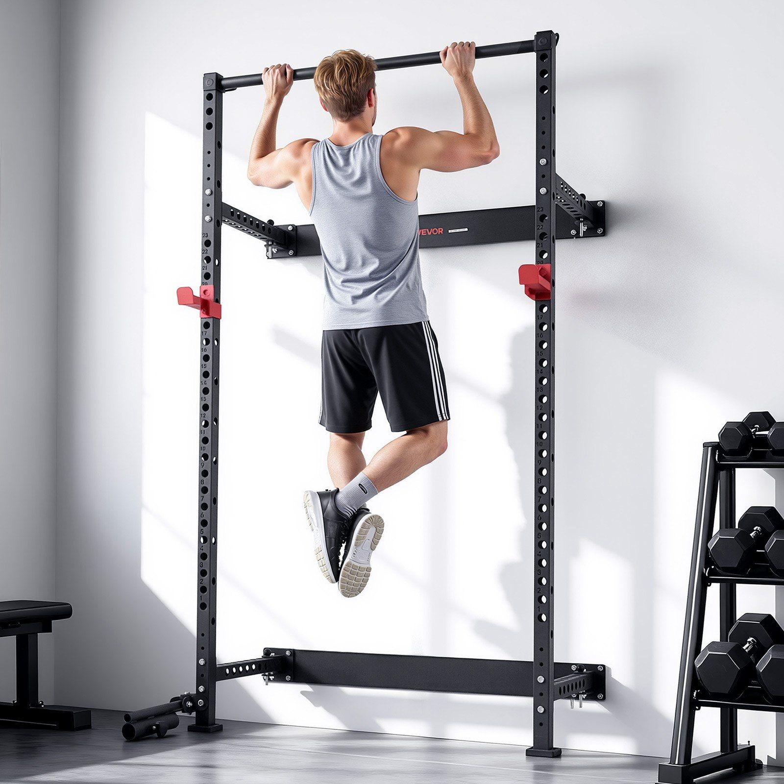 Wall-Mounted Folding Power Rack: 1000LB Capacity, Adjustable J-Hooks & Bar