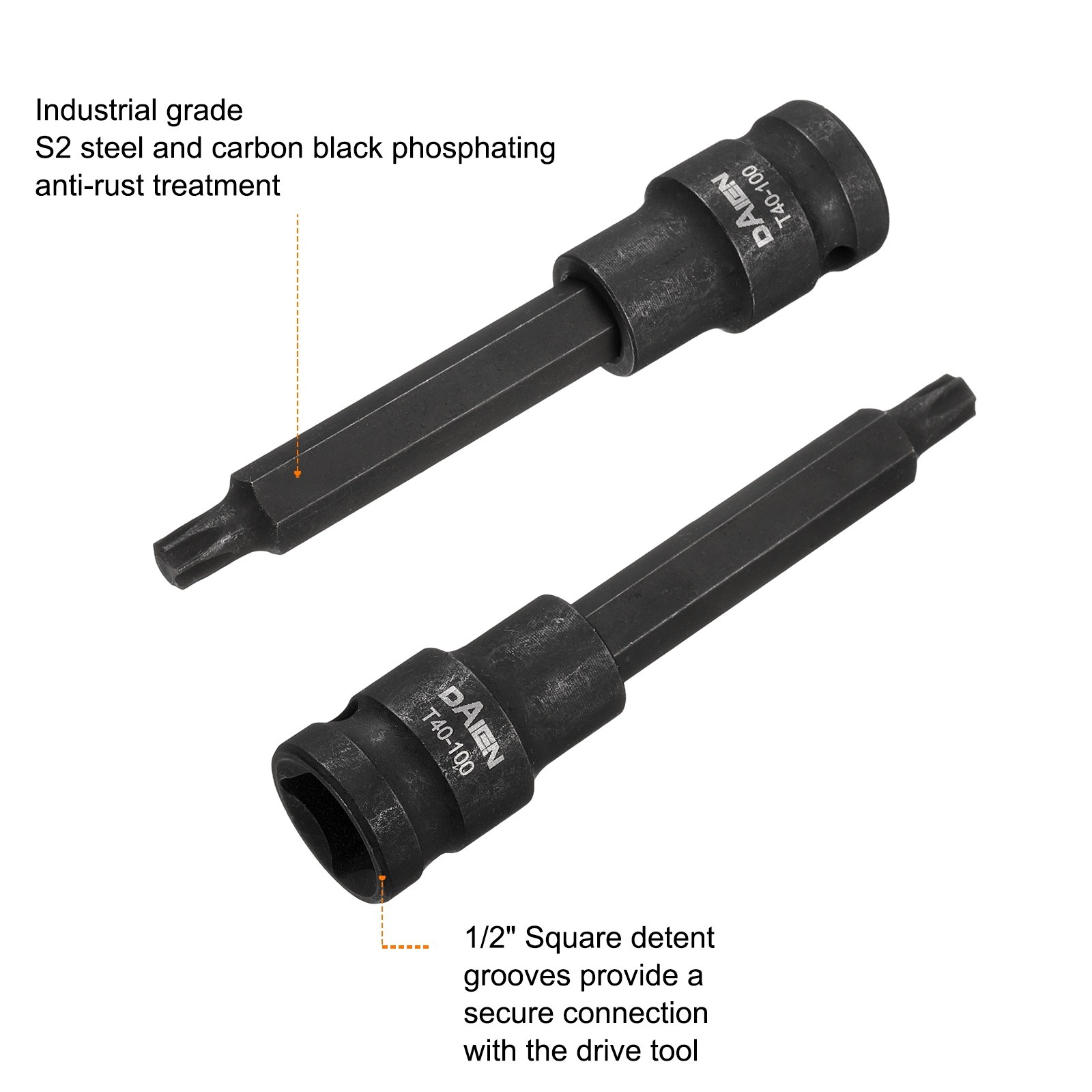 T40 Torx Bit Socket 100mm Length 1/2" Square Extension Impact Bit, Black