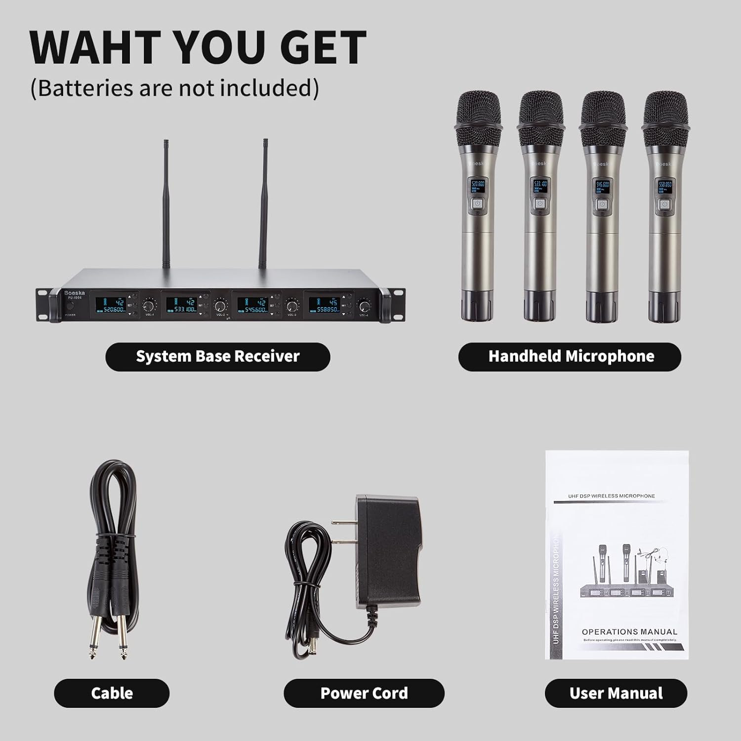 4-Channel UHF Wireless Microphone System with 4 Handheld Mics, 200Ft Range