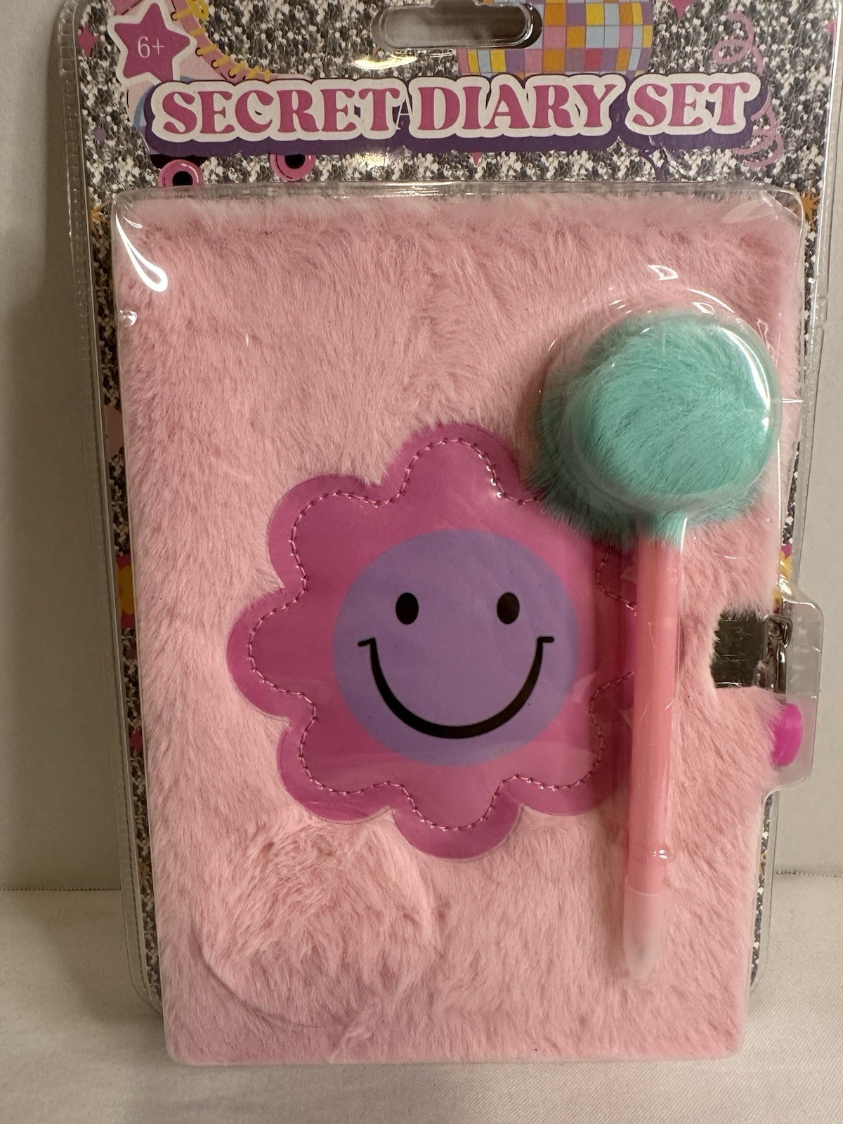 Secret Diary Set For Girls Ages 6 And Up,Pink Fur With Fuzzy Pin Cute Happy Face