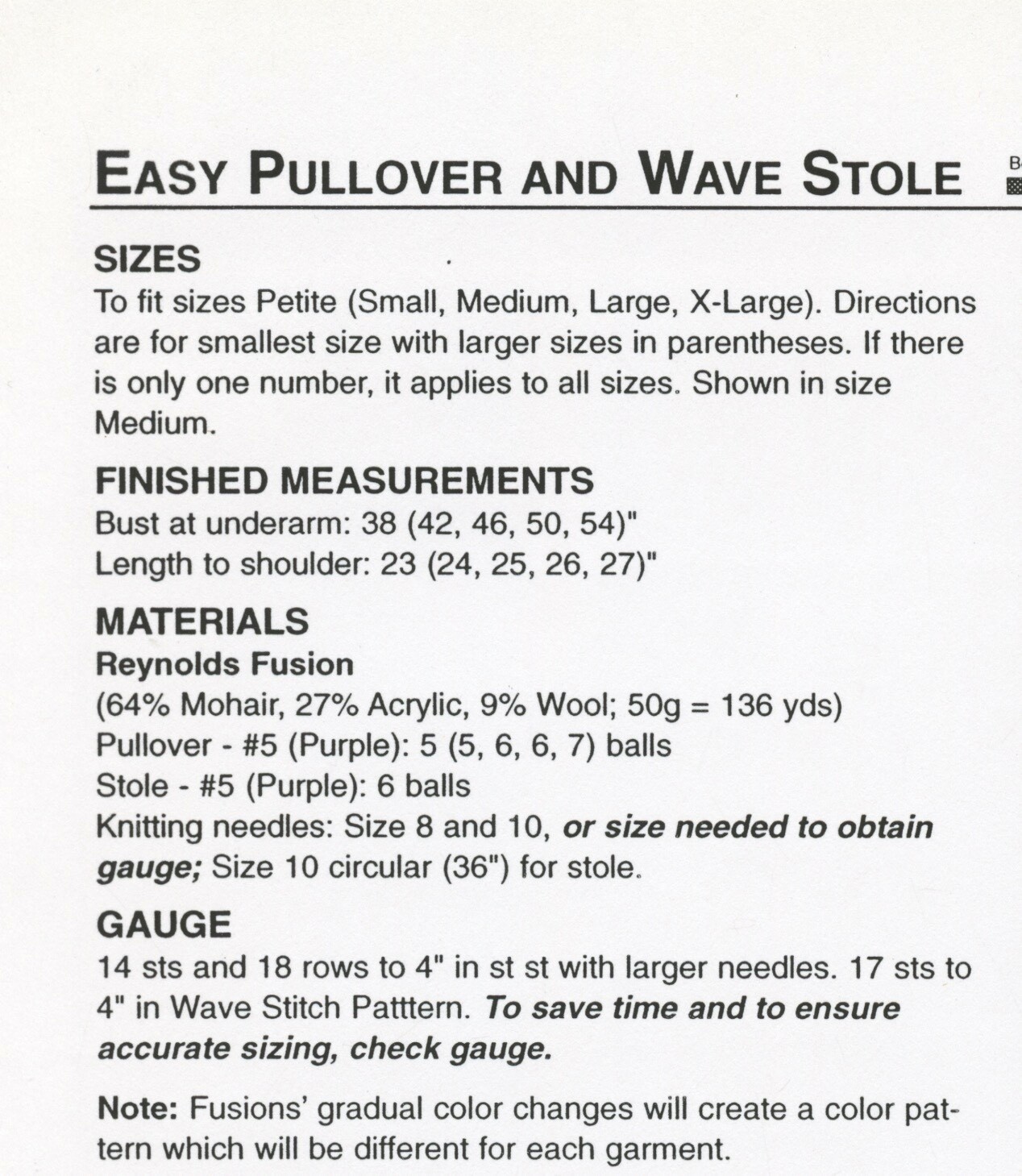 Reynolds Knitting Pattern 82190 Fusion Pullover & Wave Stole - Easy Knit