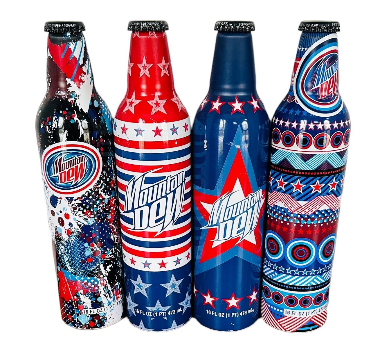 4 MOUNTAIN DEW RED WHITE BLUE ALUMINUM 16 OZ BOTTLES Pop Soda Full 2008 July 4