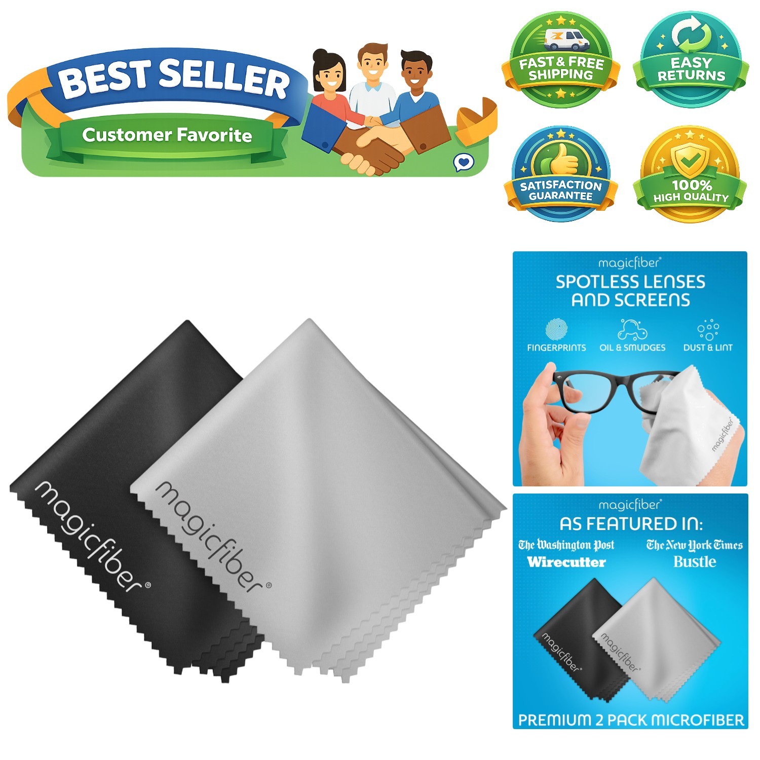 Microfiber Cleaning Cloths, 2 Pack -  Cloth for Glasses, Lens, Screens & More