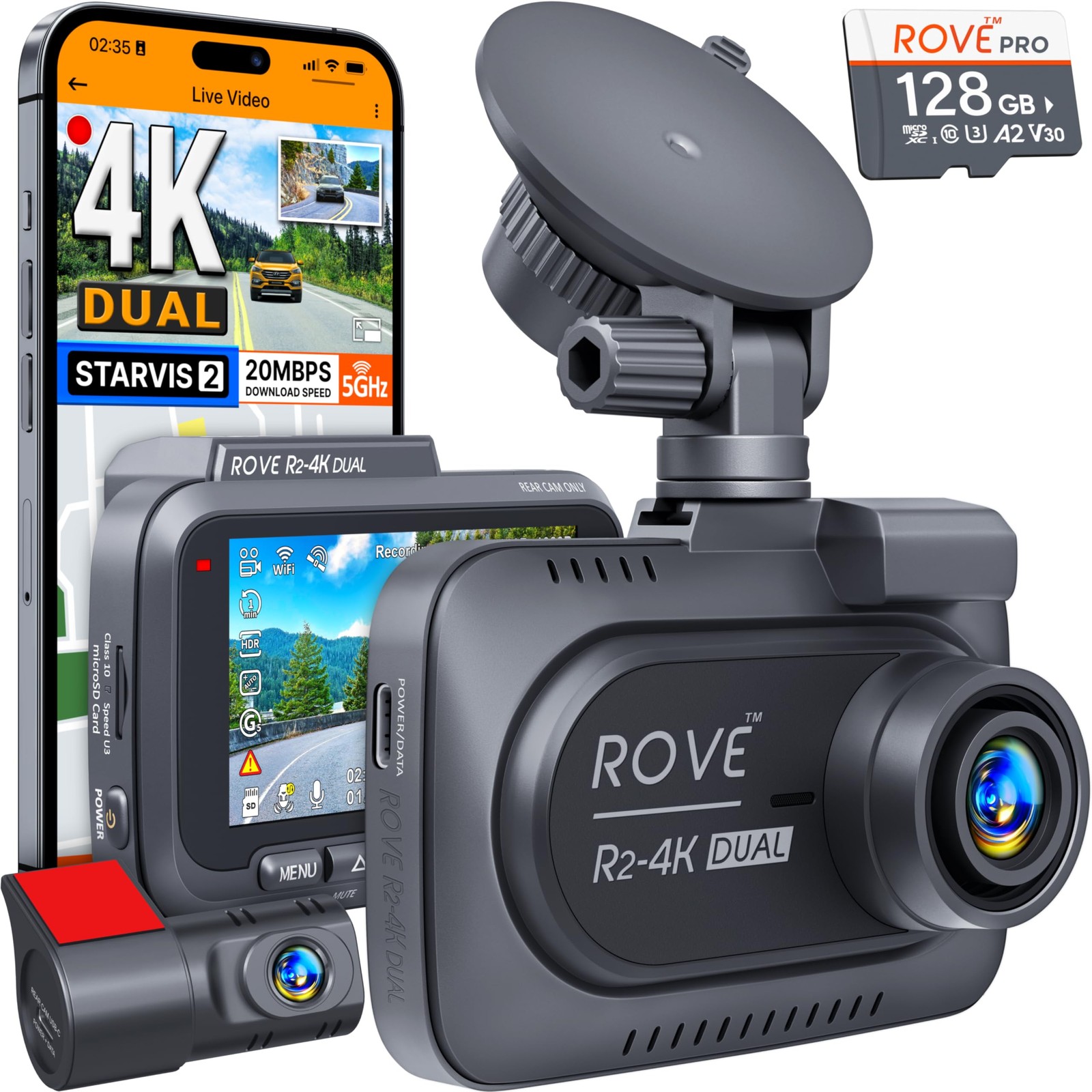 4K Dual Dash Cam Front & Rear, STARVIS 2 Sensor, 128GB Card, 5G WiFi