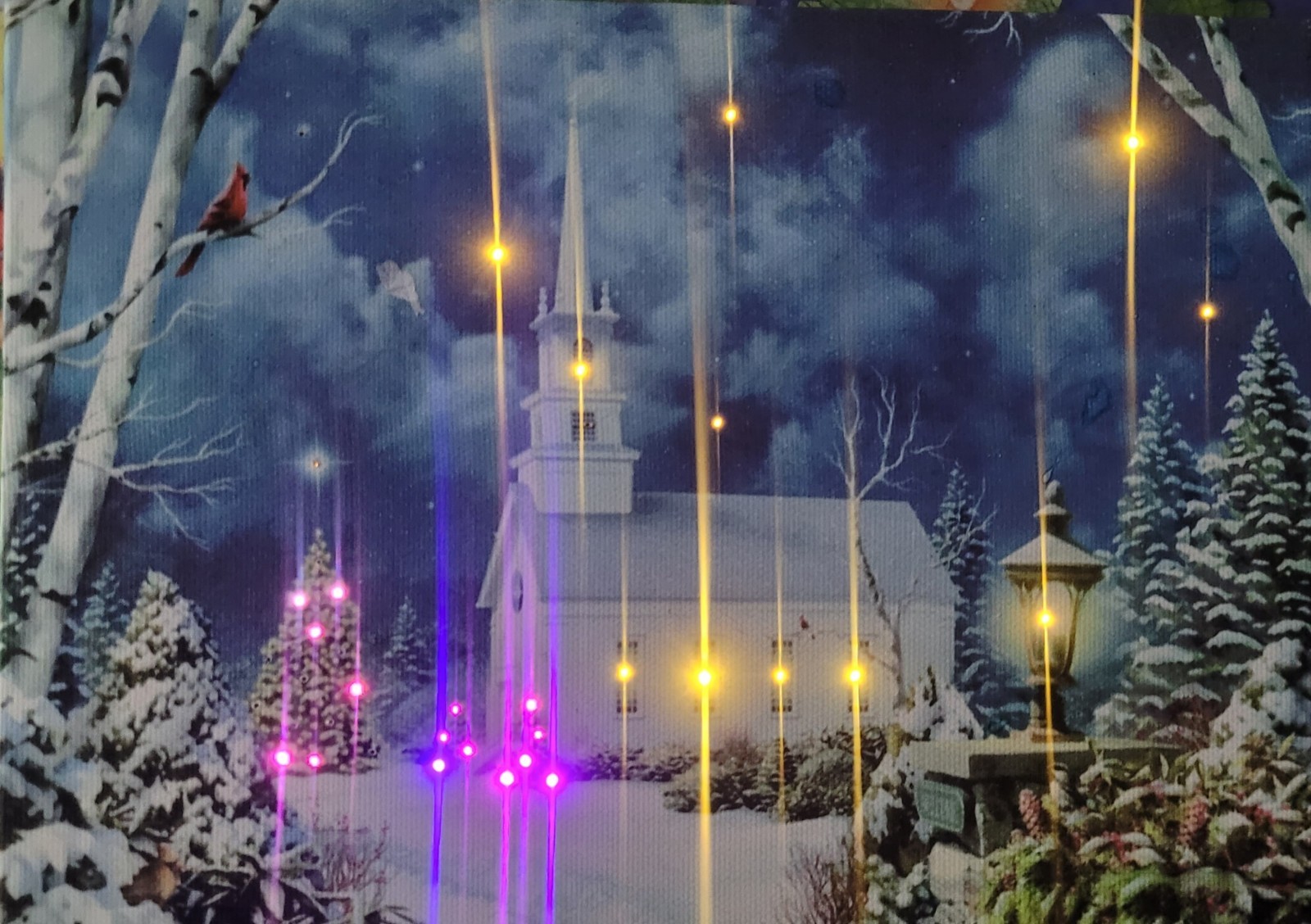 Tabletop  Christmas Canvas Snowy Illuminated Colr Change  Church in Winter
